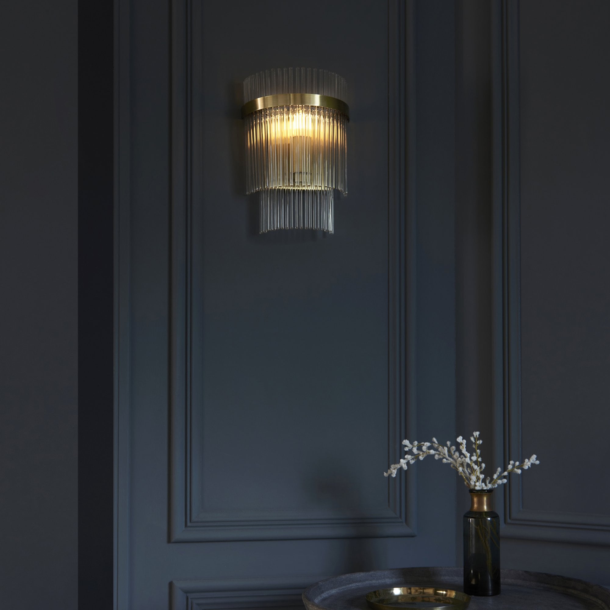 Marietta Modern 1 Light Wall Light In Antique Brass With Clear Glass Rods 99168