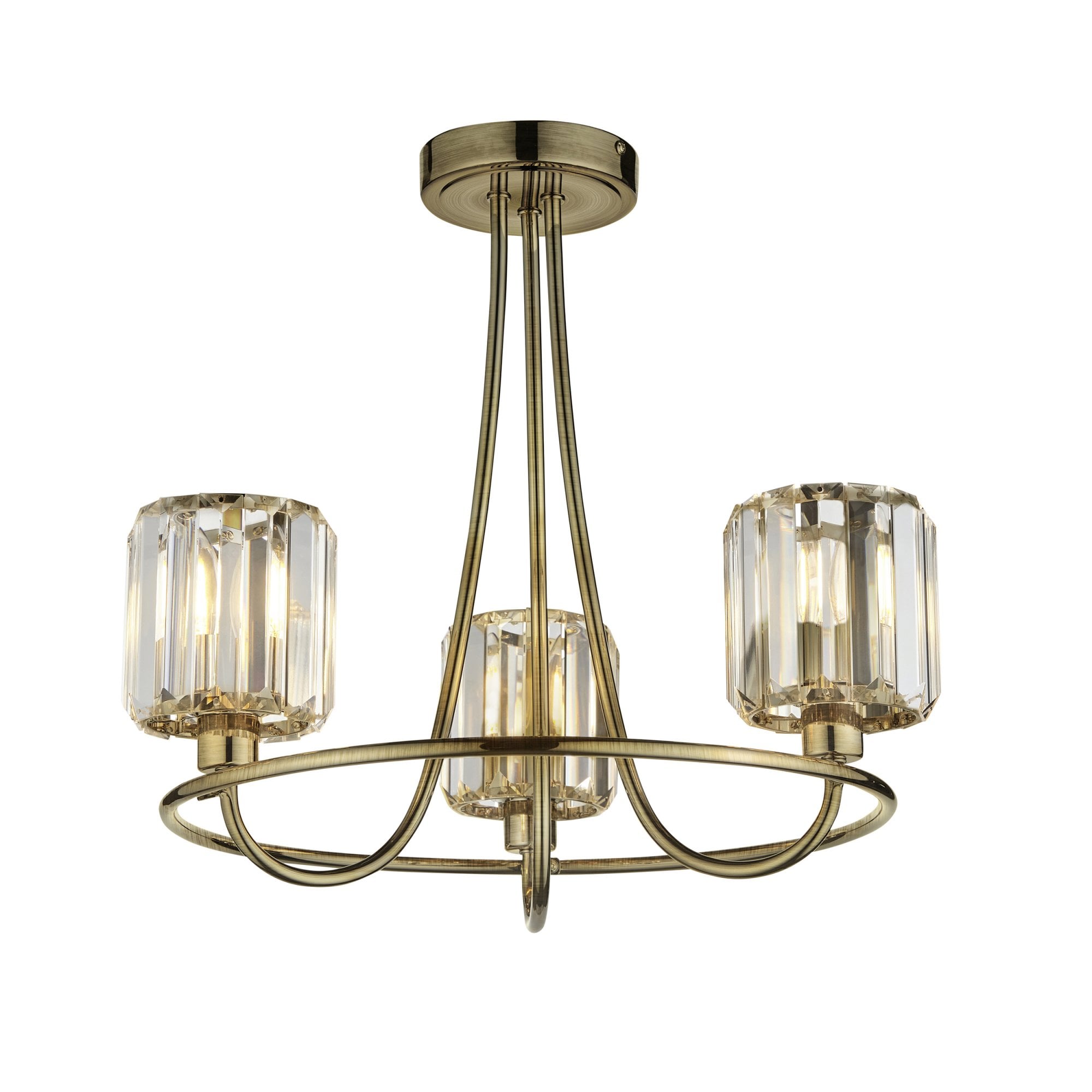 Berenice Elegant 3 Light Semi Flush Ceiling Light In Antique Brass With Crystal Glass 107801