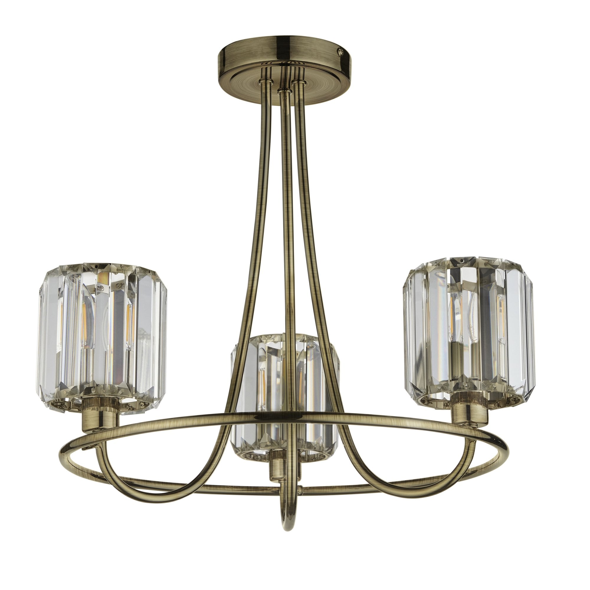 Berenice Elegant 3 Light Semi Flush Ceiling Light In Antique Brass With Crystal Glass 107801