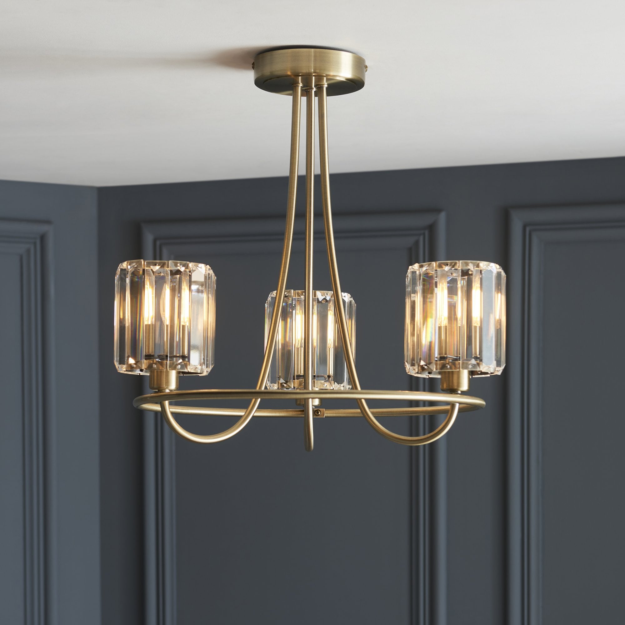 Berenice Elegant 3 Light Semi Flush Ceiling Light In Antique Brass With Crystal Glass 107801