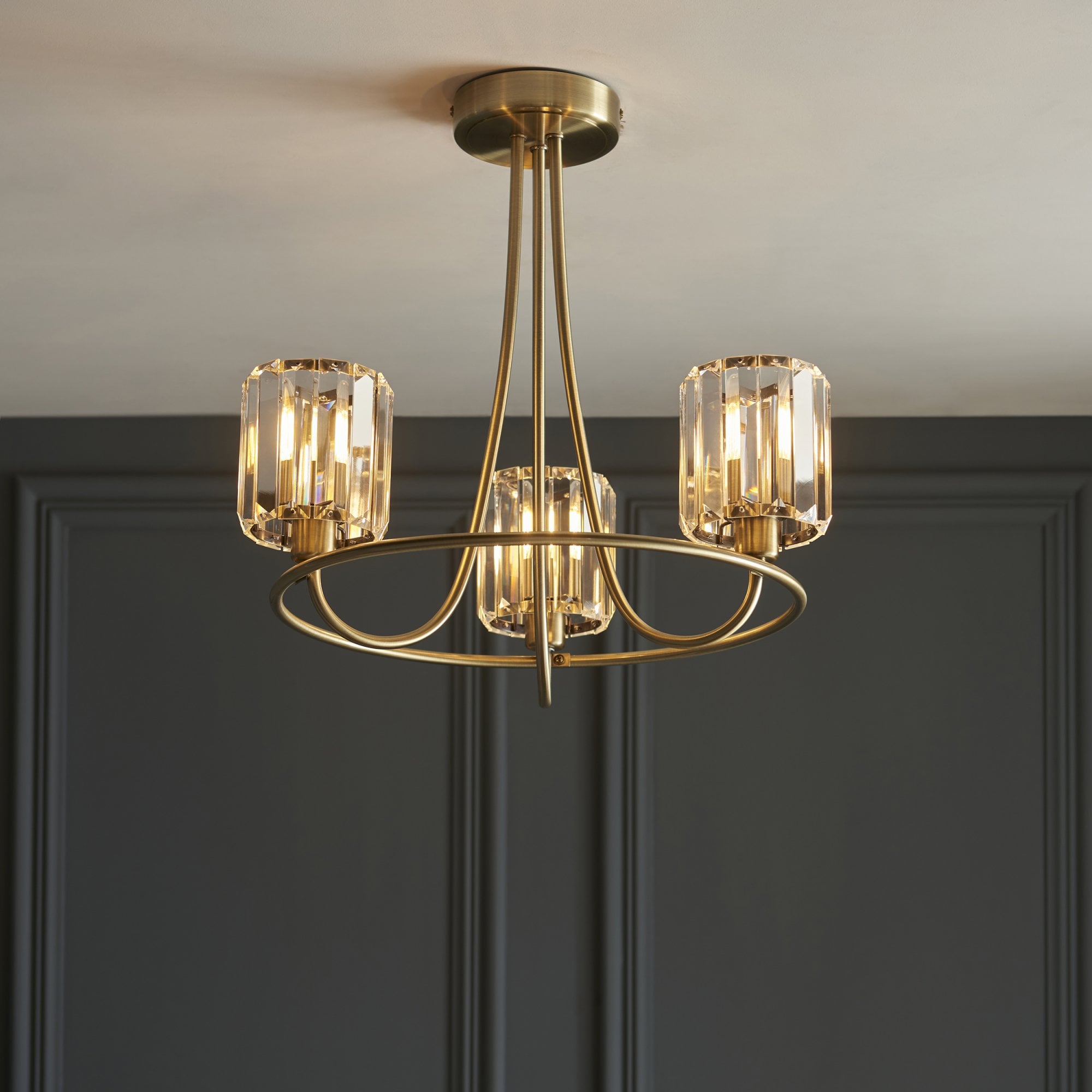 Berenice Elegant 3 Light Semi Flush Ceiling Light In Antique Brass With Crystal Glass 107801