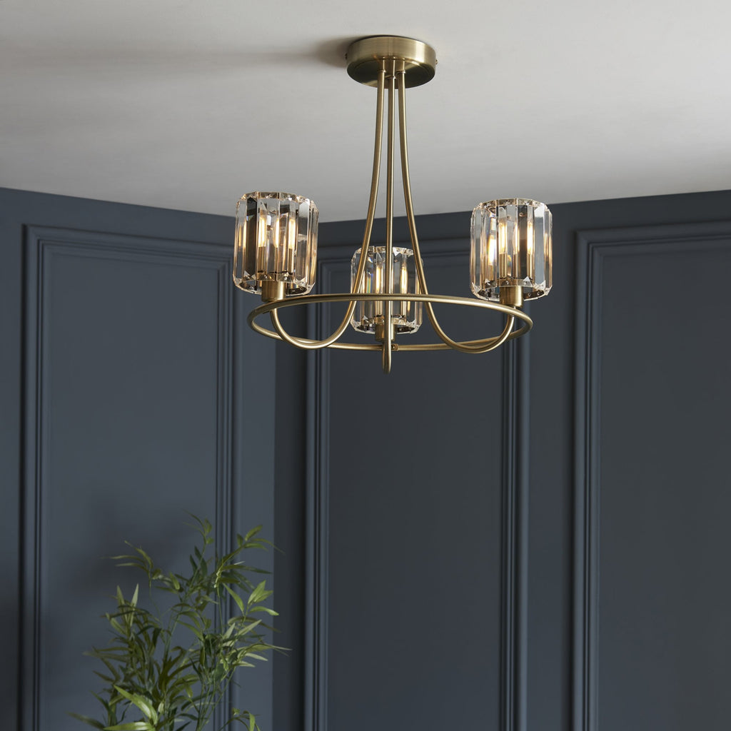 Berenice Elegant 3 Light Semi Flush Ceiling Light In Antique Brass With Crystal Glass 107801