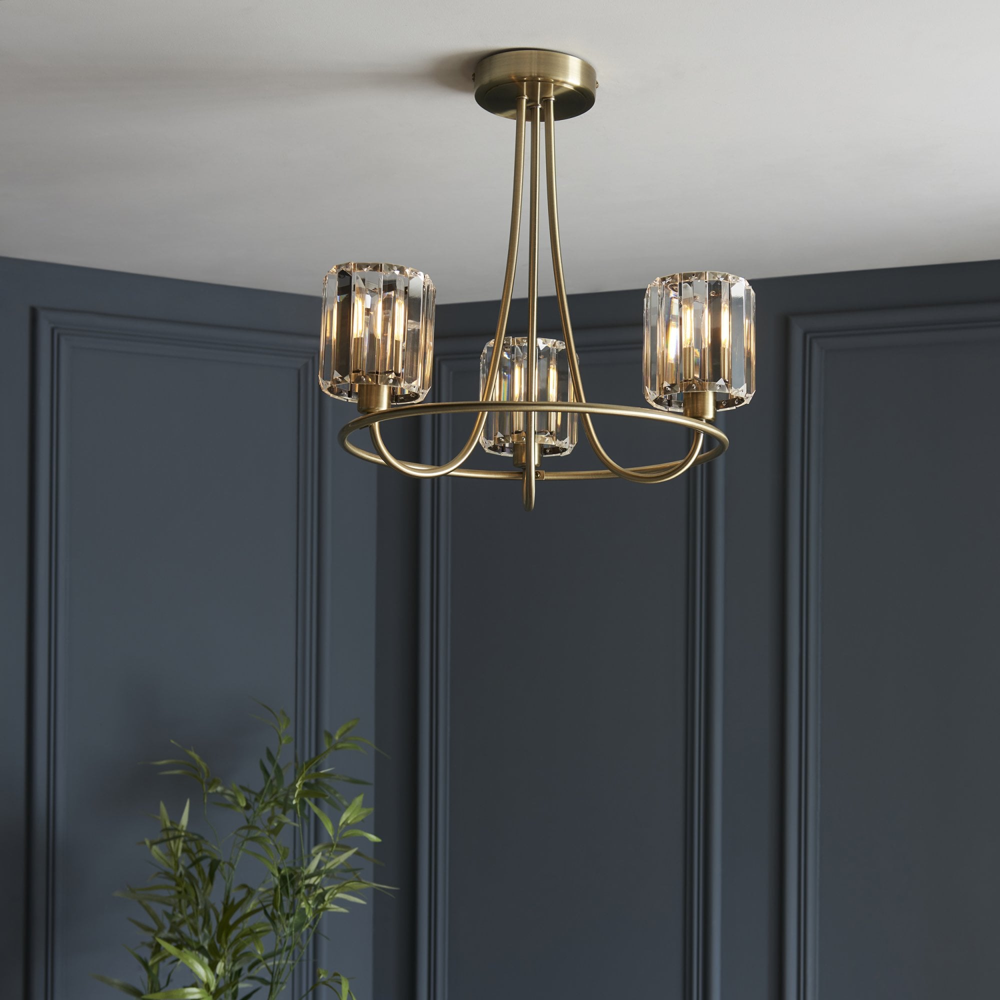 Berenice Elegant 3 Light Semi Flush Ceiling Light In Antique Brass With Crystal Glass 107801