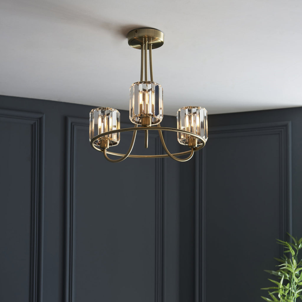 Berenice Elegant 3 Light Semi Flush Ceiling Light In Antique Brass With Crystal Glass 107801