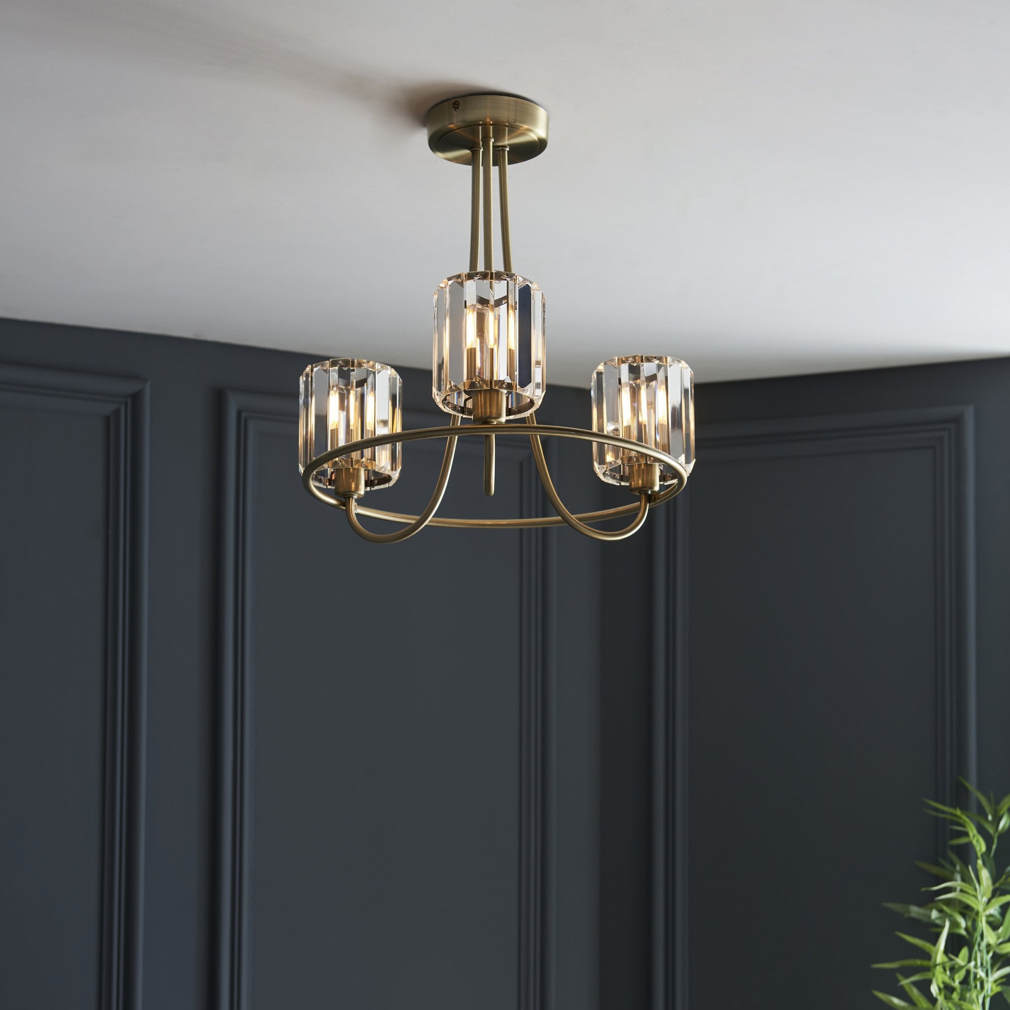 Berenice Elegant 3 Light Semi Flush Ceiling Light In Antique Brass With Crystal Glass 107801