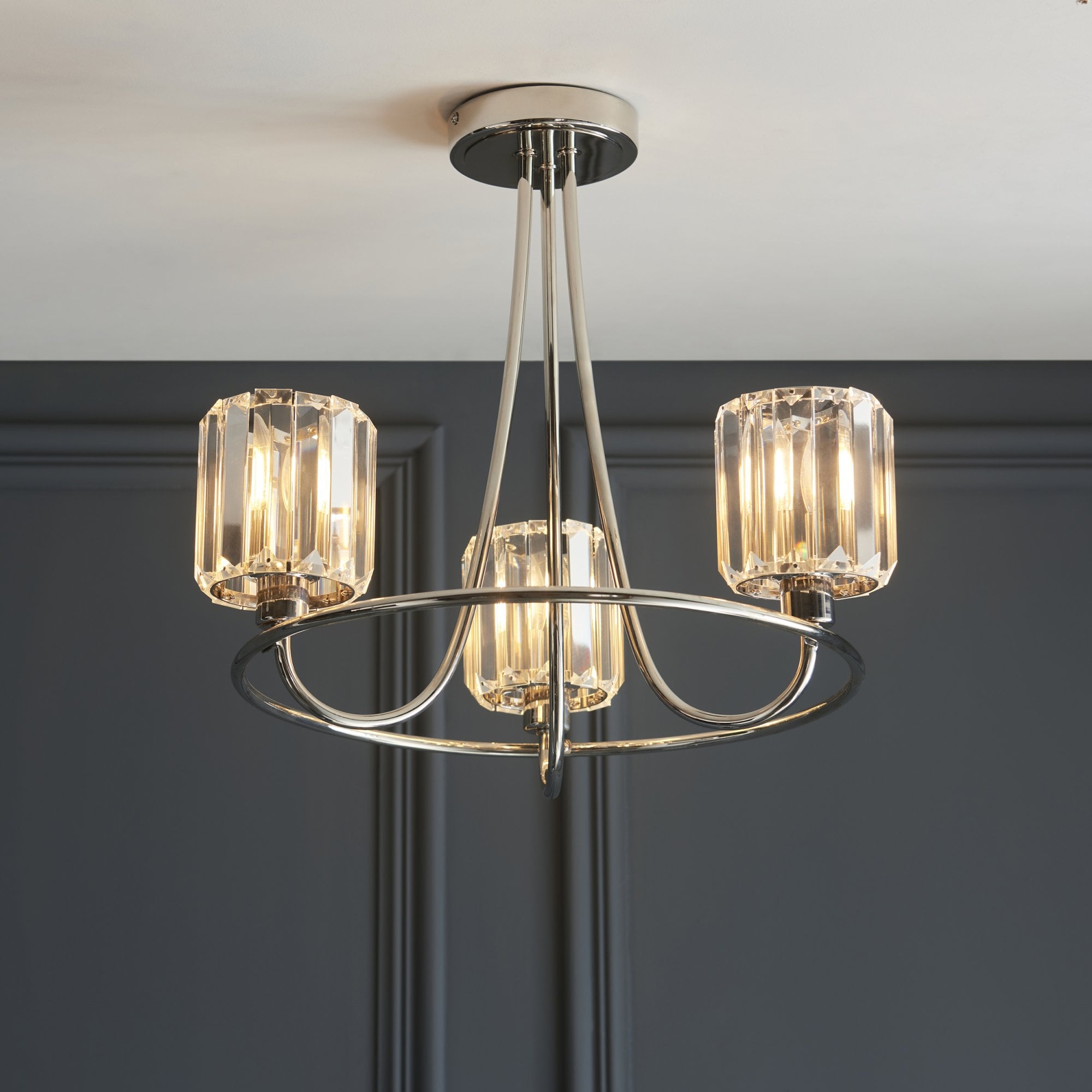 Berenice Elegant 3 Light Semi Flush Ceiling Light In Bright Nickel With Crystal Glass 104107