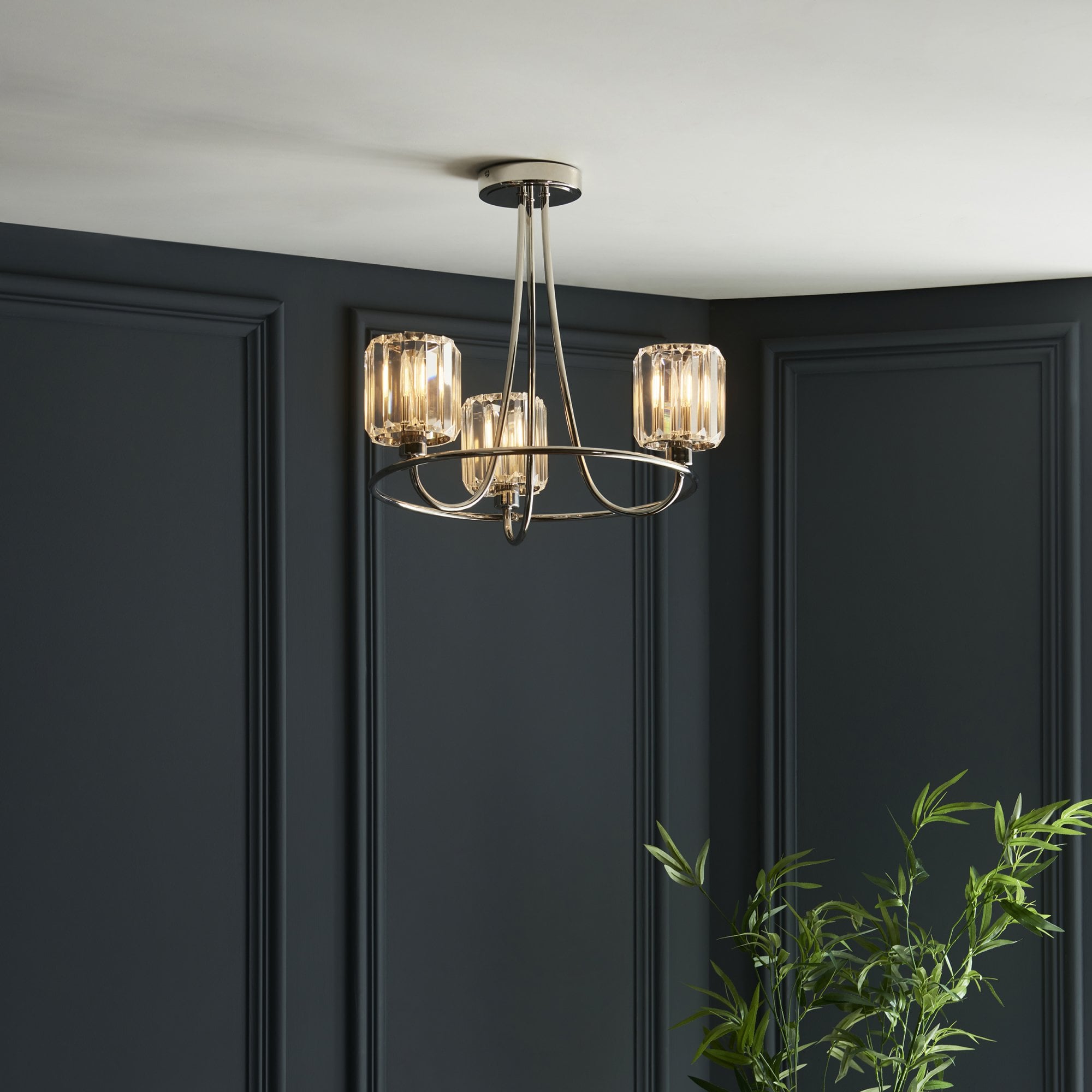 Berenice Elegant 3 Light Semi Flush Ceiling Light In Bright Nickel With Crystal Glass 104107