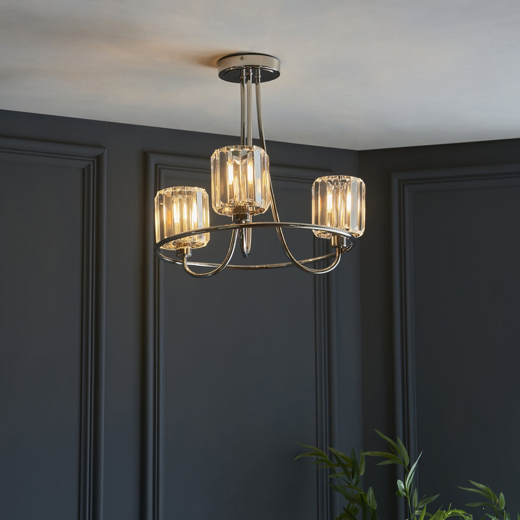 Berenice Elegant 3 Light Semi Flush Ceiling Light In Bright Nickel With Crystal Glass 104107