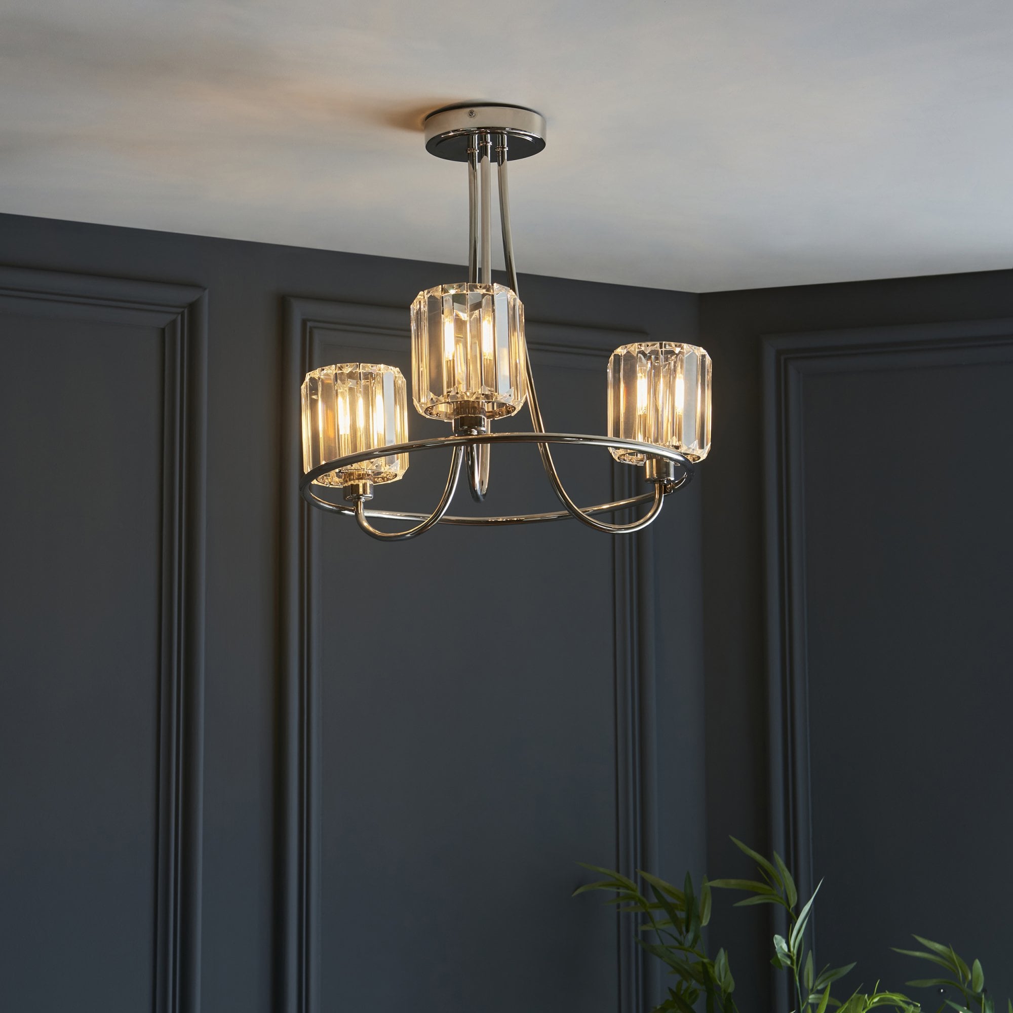 Berenice Elegant 3 Light Semi Flush Ceiling Light In Bright Nickel With Crystal Glass 104107