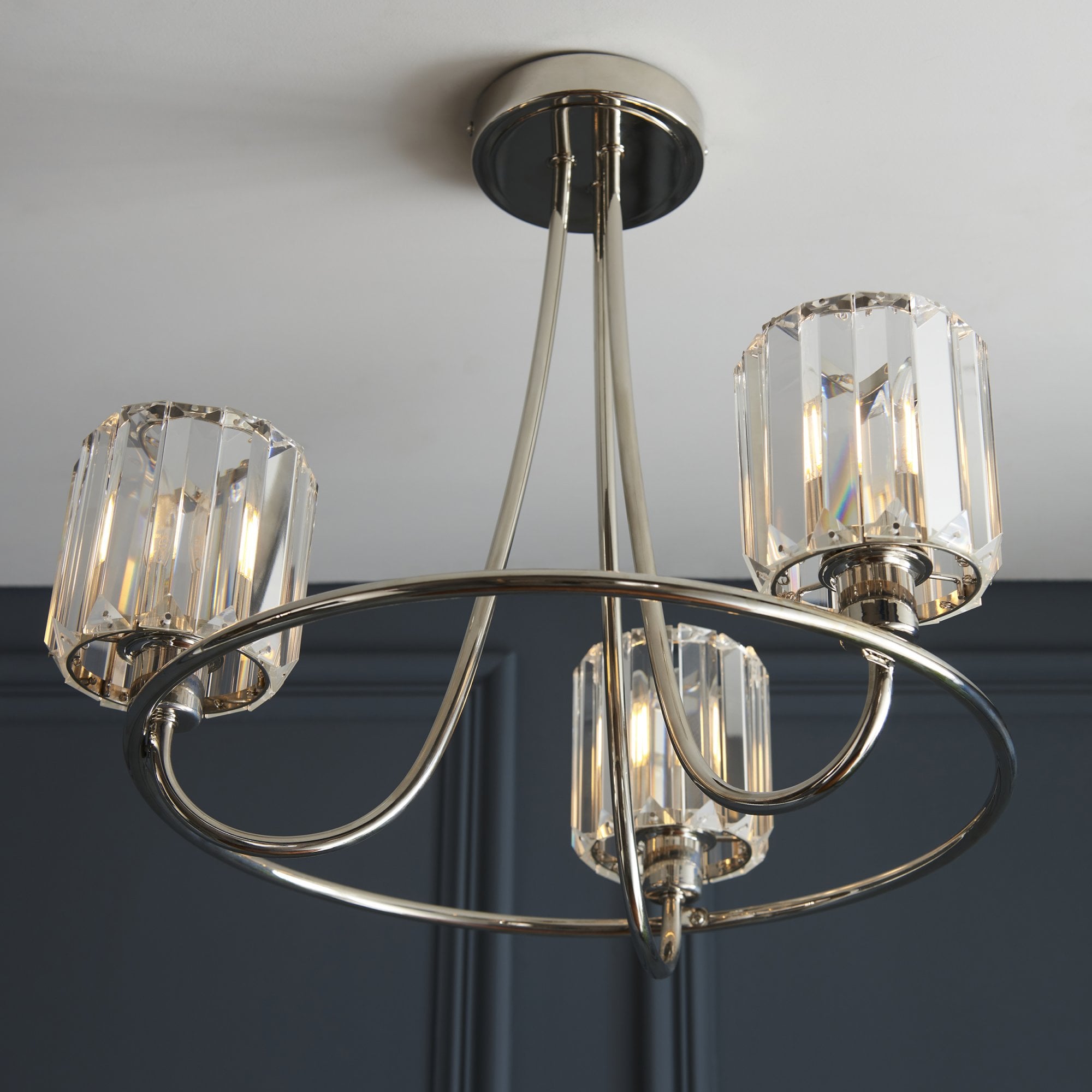 Berenice Elegant 3 Light Semi Flush Ceiling Light In Bright Nickel With Crystal Glass 104107
