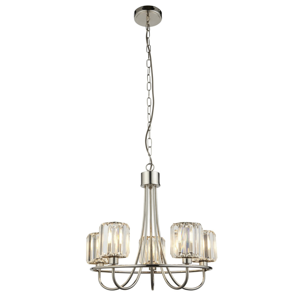 Berenice Elegant 5 Light Ceiling Pendant Light In Bright Nickel With Crystal Glass 104108