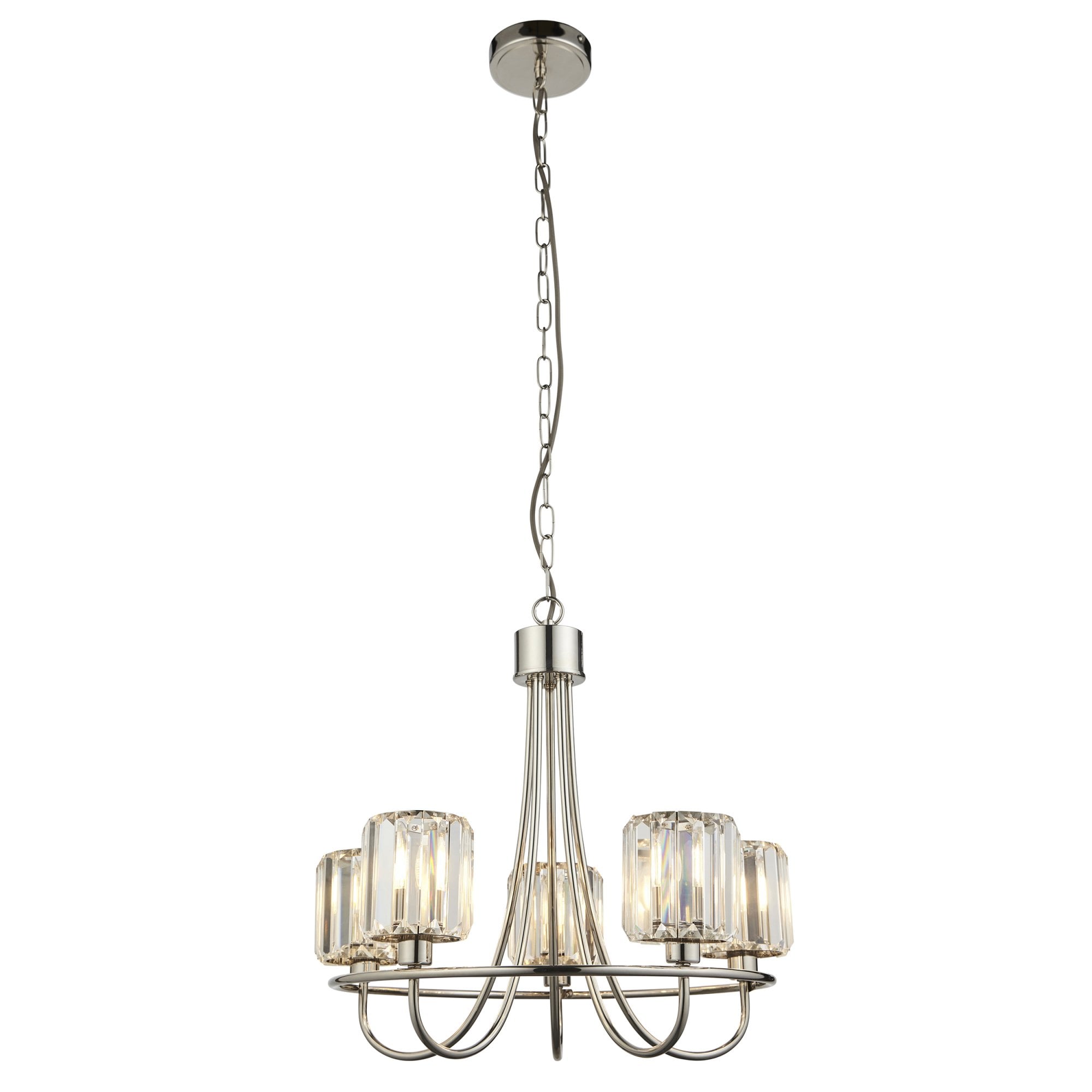 Berenice Elegant 5 Light Ceiling Pendant Light In Bright Nickel With Crystal Glass 104108