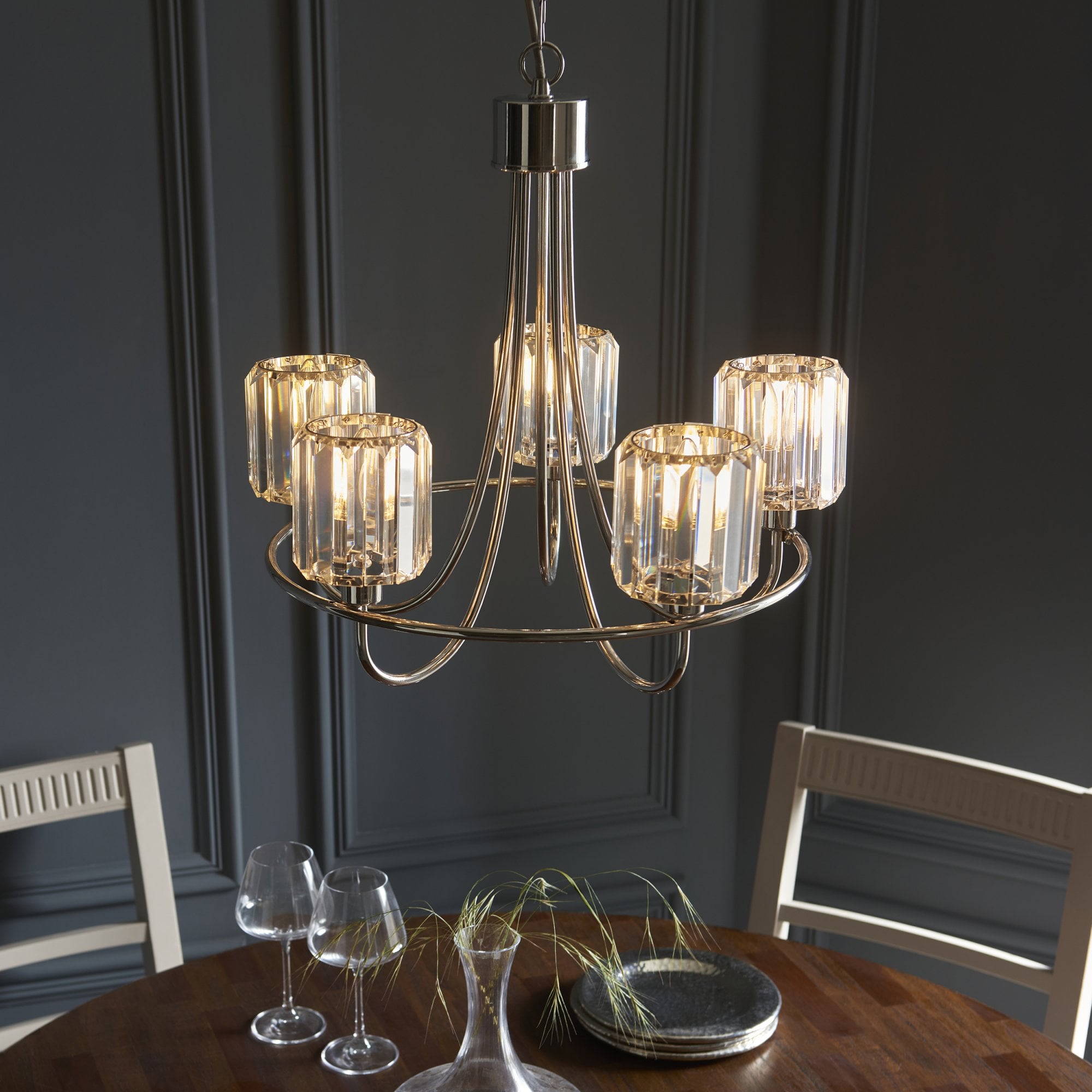 Berenice Elegant 5 Light Ceiling Pendant Light In Bright Nickel With Crystal Glass 104108