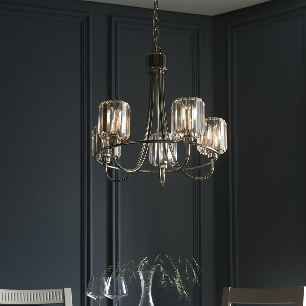 Berenice Elegant 5 Light Ceiling Pendant Light In Bright Nickel With Crystal Glass 104108