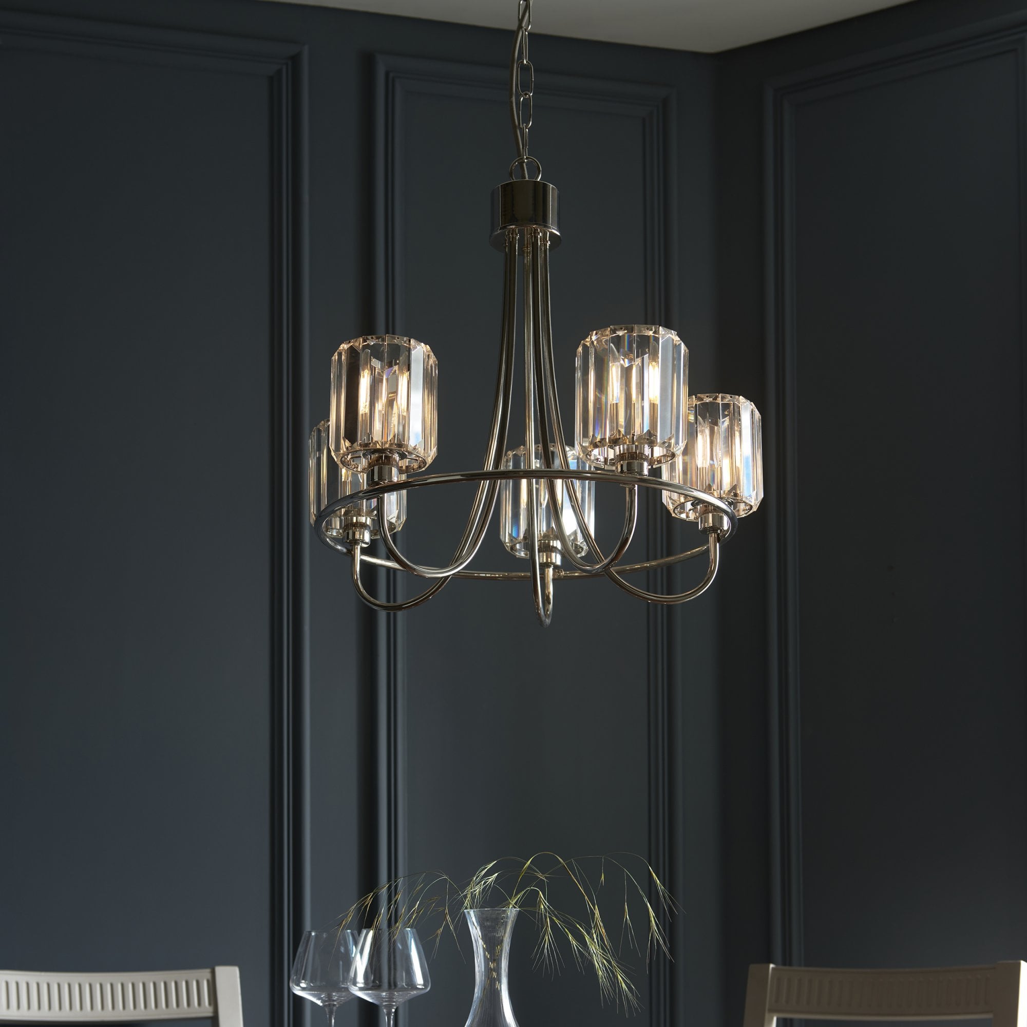 Berenice Elegant 5 Light Ceiling Pendant Light In Bright Nickel With Crystal Glass 104108
