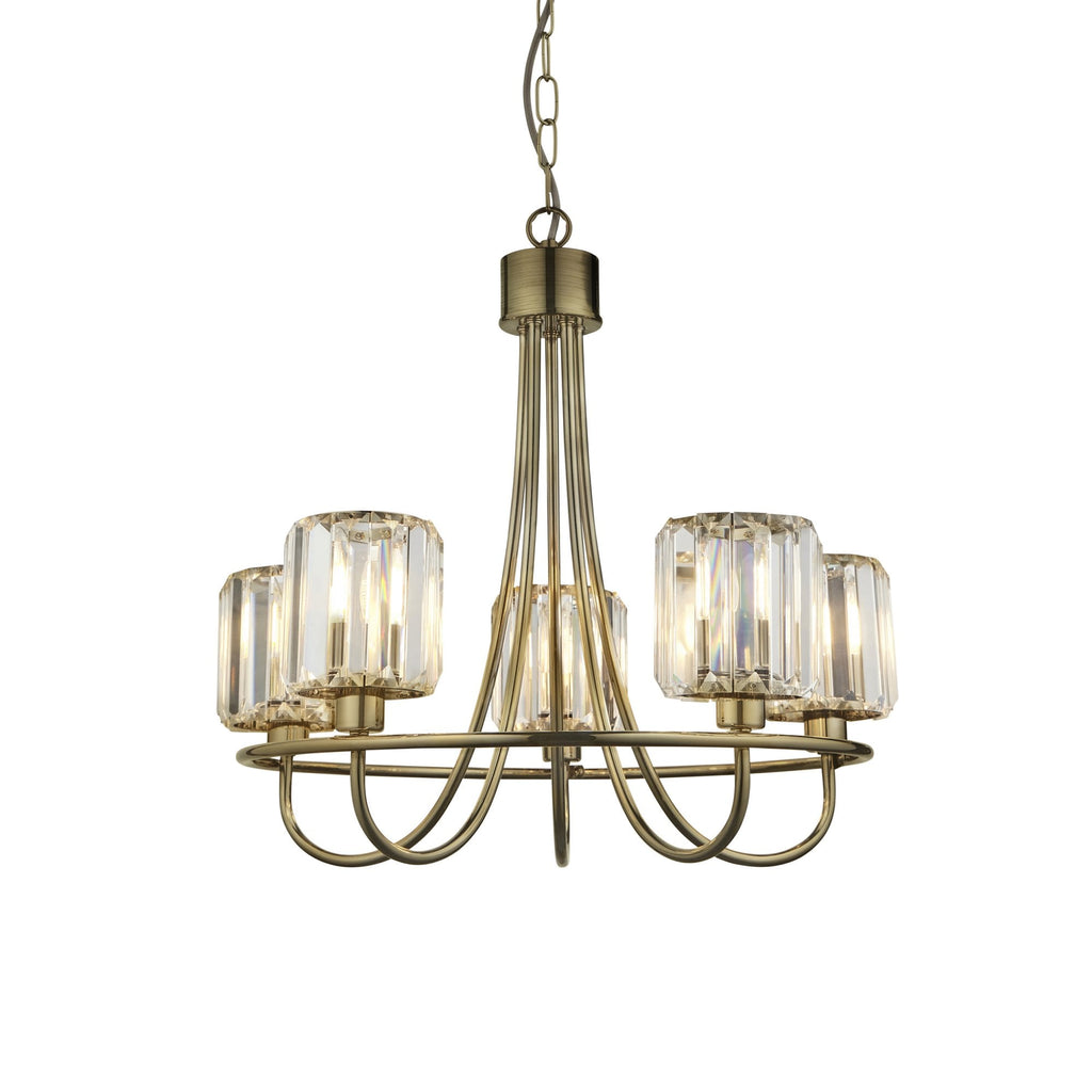 Berenice Elegant 5 Light Ceiling Pendant Light In Antique Brass With Crystal Glass 107802