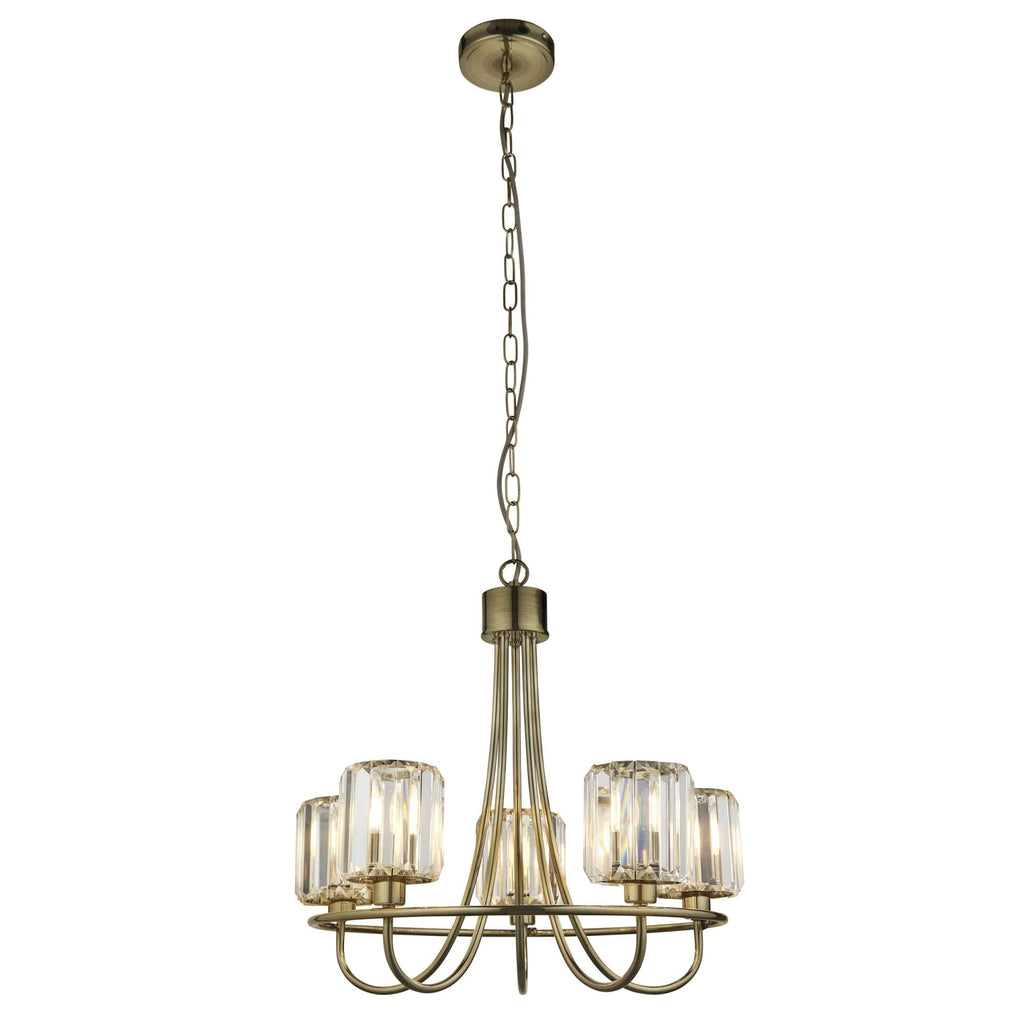 Berenice Elegant 5 Light Ceiling Pendant Light In Antique Brass With Crystal Glass 107802