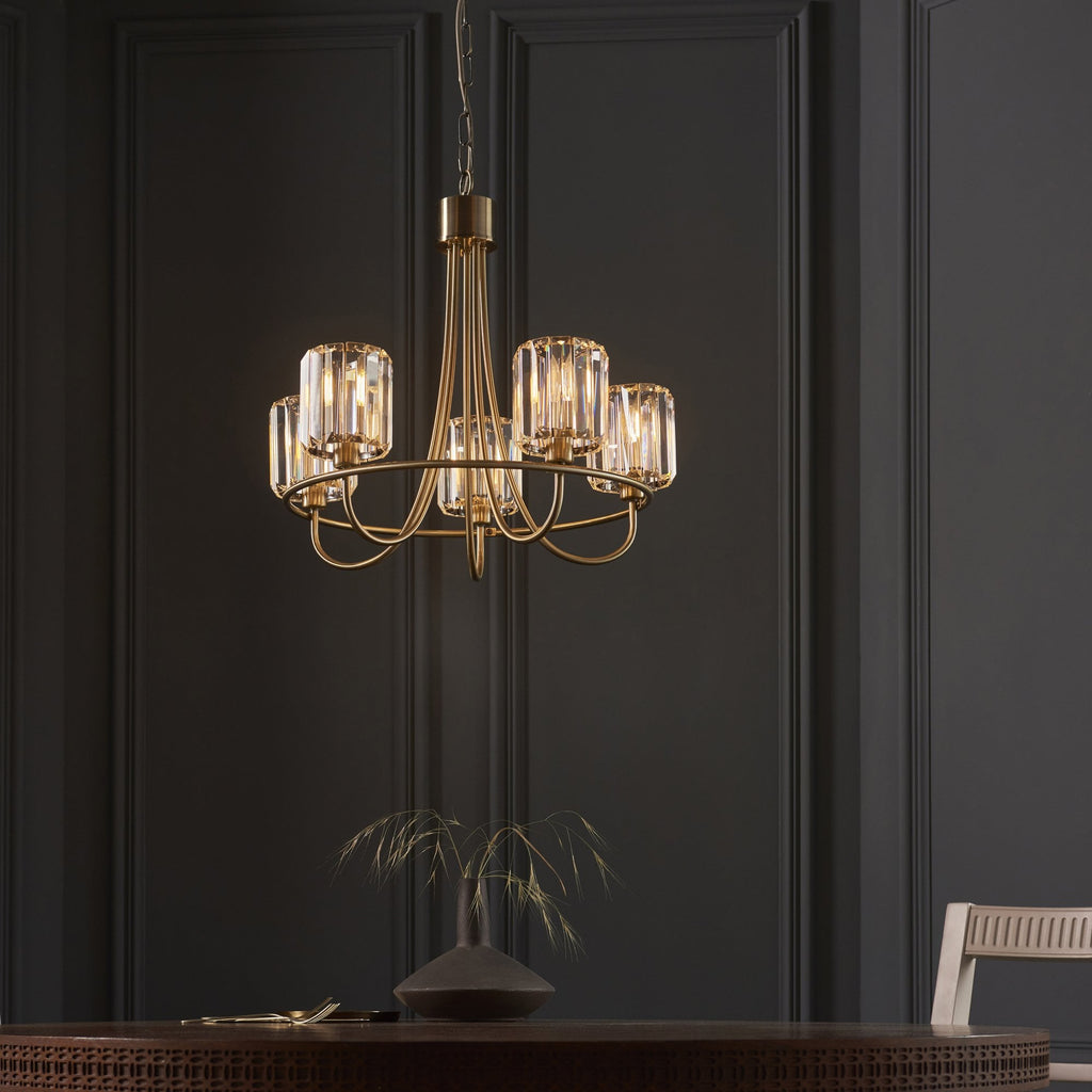Berenice Elegant 5 Light Ceiling Pendant Light In Antique Brass With Crystal Glass 107802