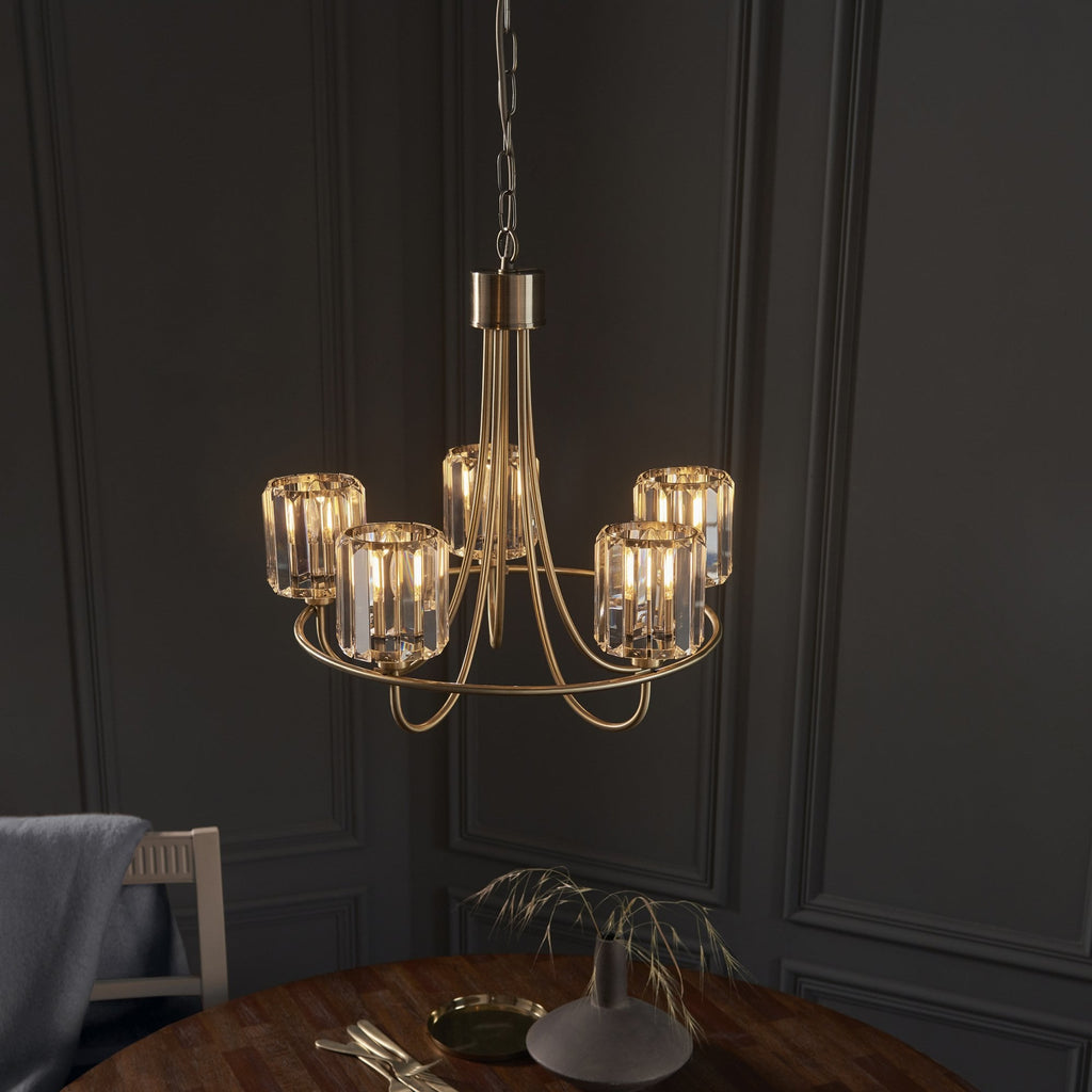 Berenice Elegant 5 Light Ceiling Pendant Light In Antique Brass With Crystal Glass 107802