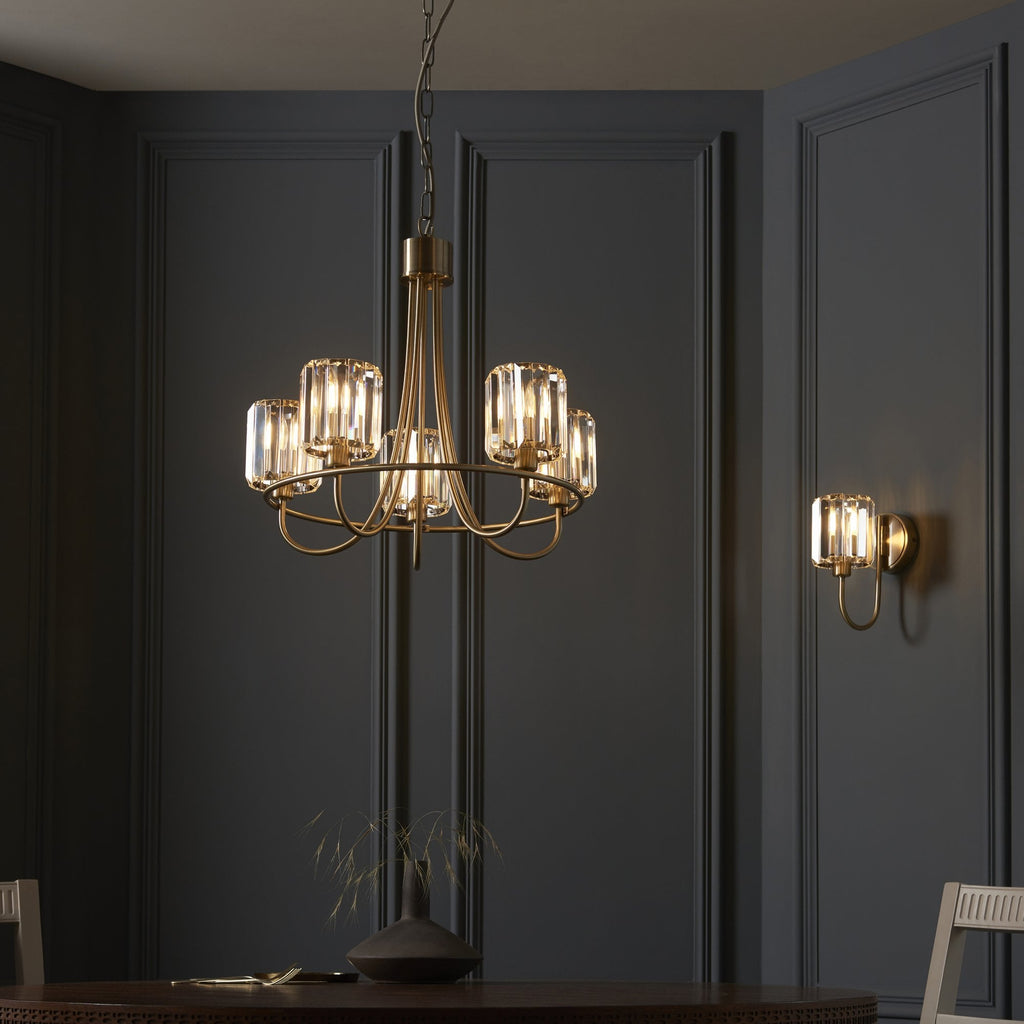Berenice Elegant 5 Light Ceiling Pendant Light In Antique Brass With Crystal Glass 107802