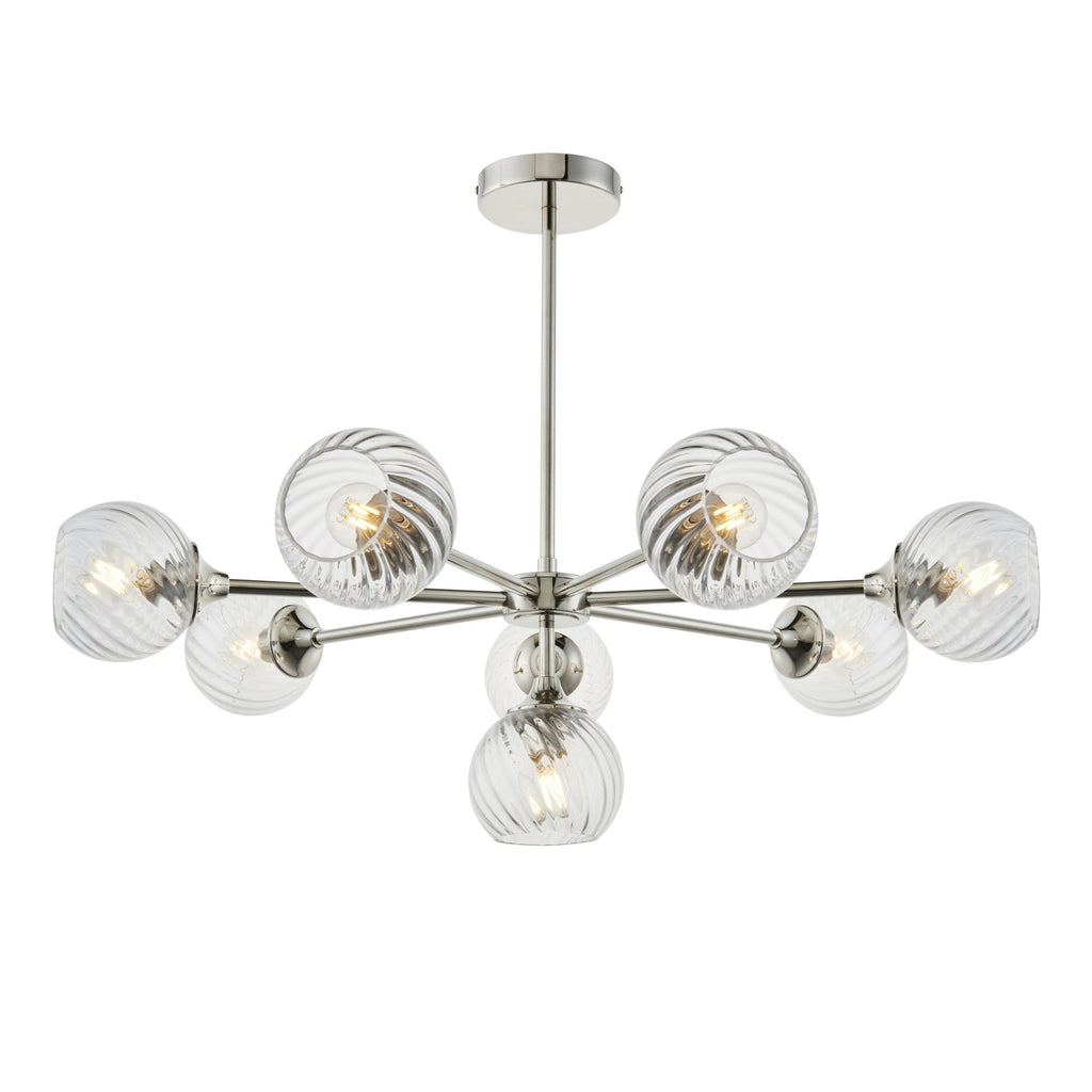 Allegra Contemporary 8 Light Ceiling Pendant In Bright Nickel With Spiral Glass Shades 104051