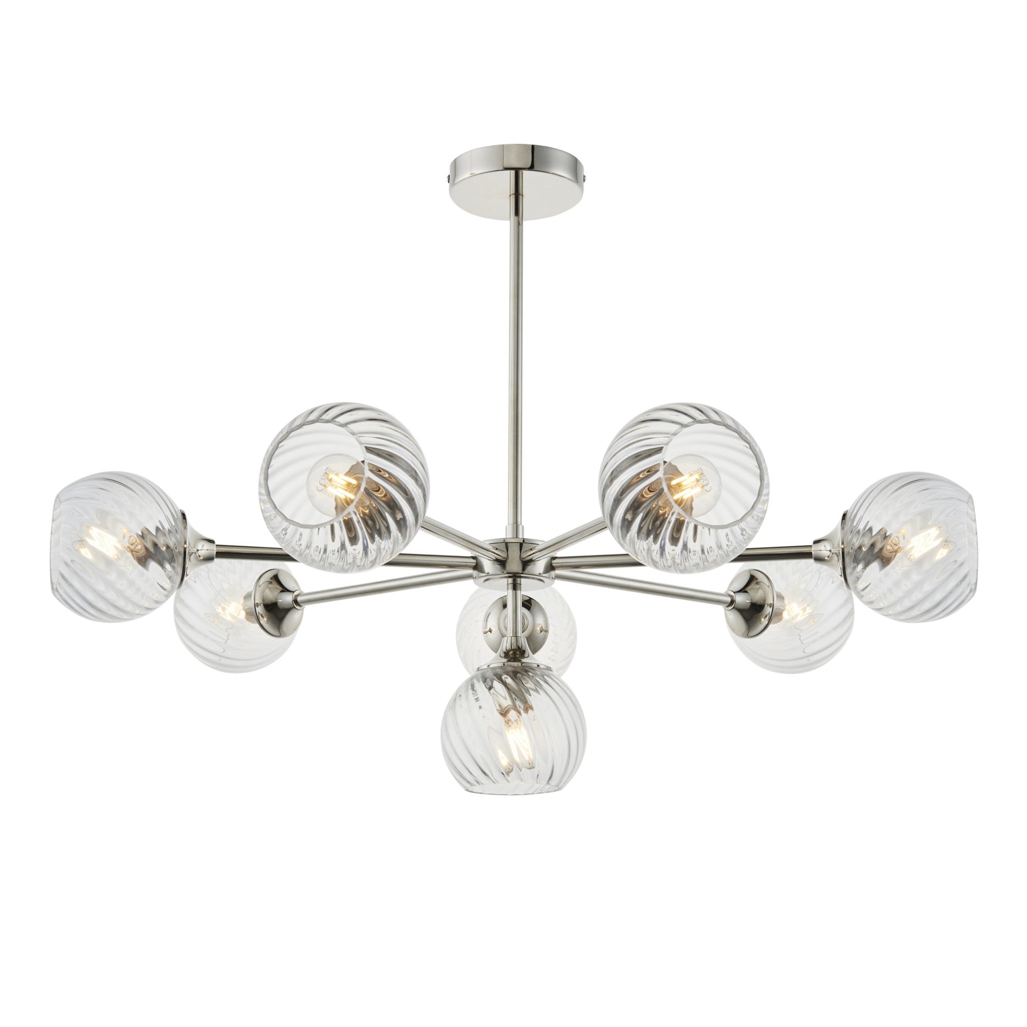 Allegra Contemporary 8 Light Ceiling Pendant In Bright Nickel With Spiral Glass Shades 104051