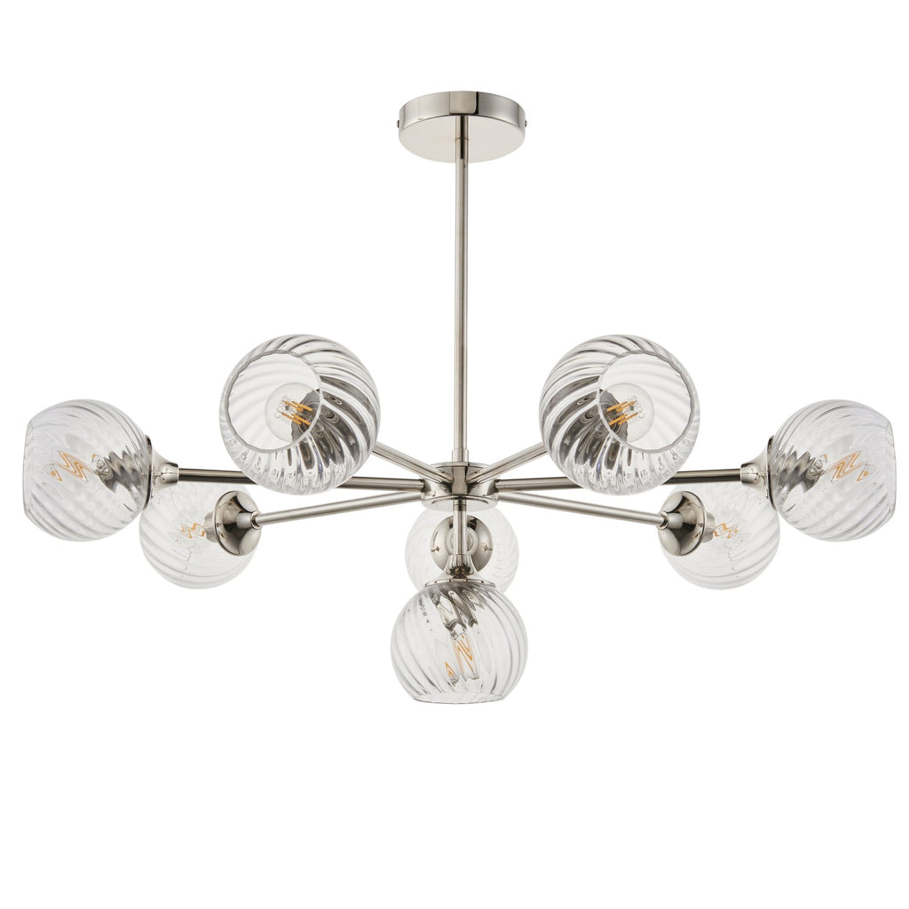 Allegra Contemporary 8 Light Ceiling Pendant In Bright Nickel With Spiral Glass Shades 104051