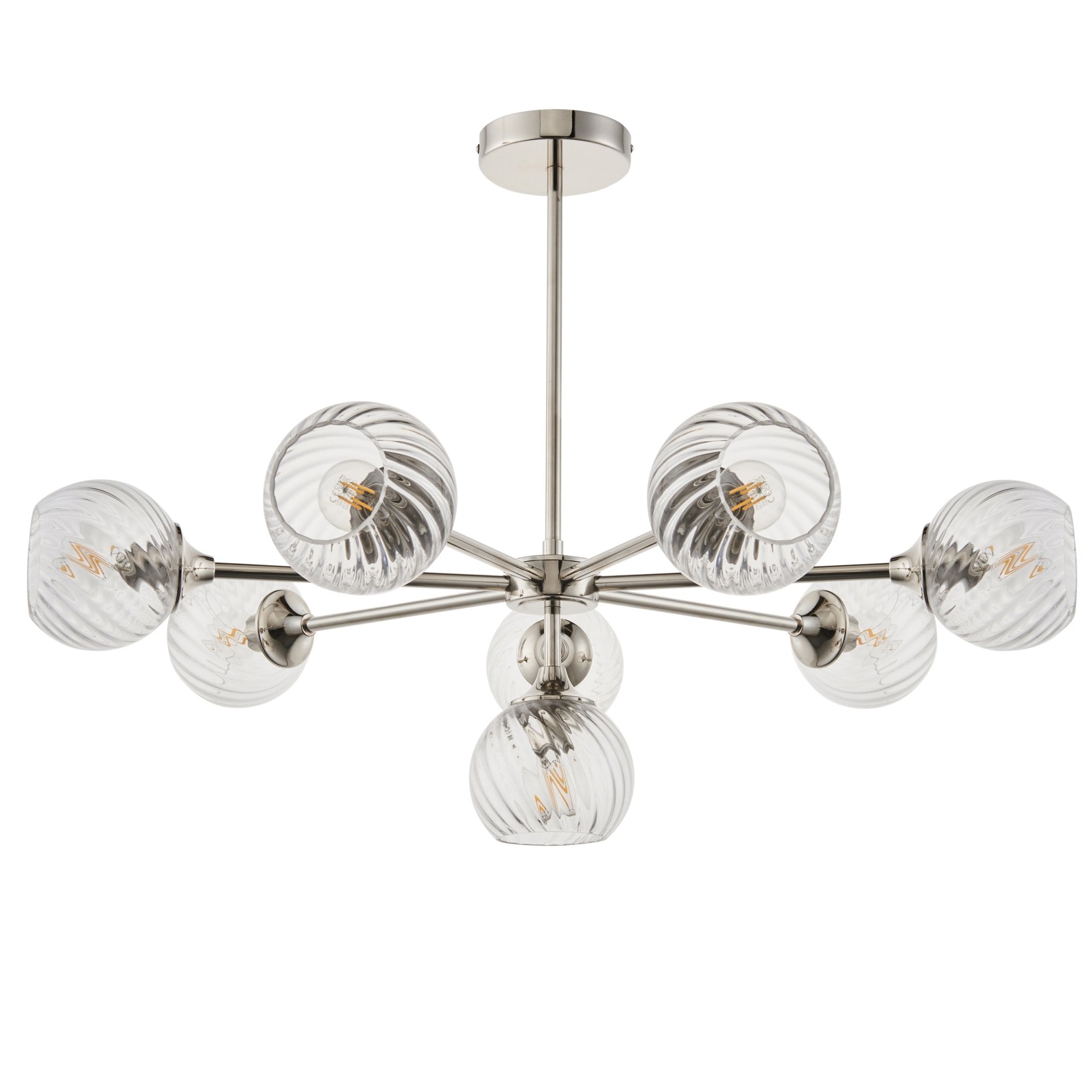 Allegra Contemporary 8 Light Ceiling Pendant In Bright Nickel With Spiral Glass Shades 104051