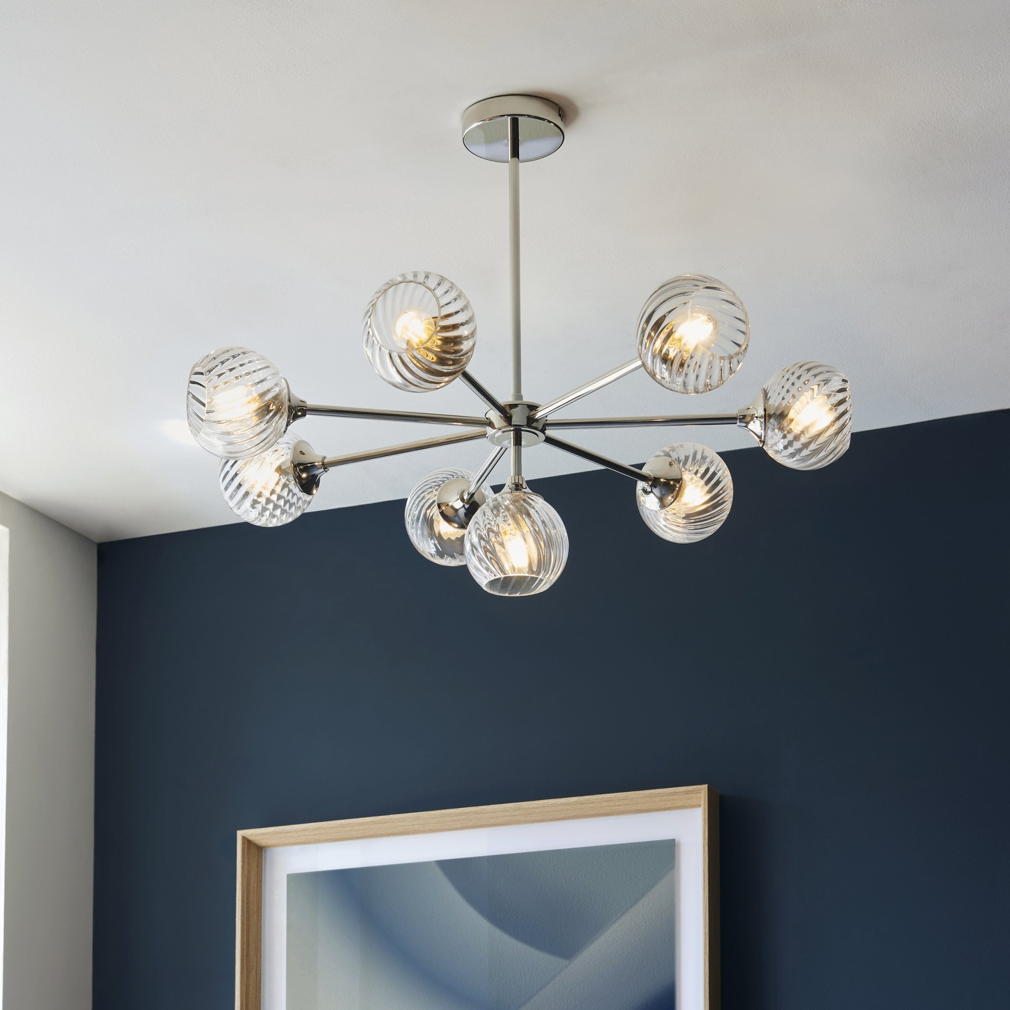 Allegra Contemporary 8 Light Ceiling Pendant In Bright Nickel With Spiral Glass Shades 104051