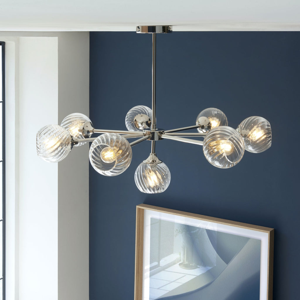 Allegra Contemporary 8 Light Ceiling Pendant In Bright Nickel With Spiral Glass Shades 104051