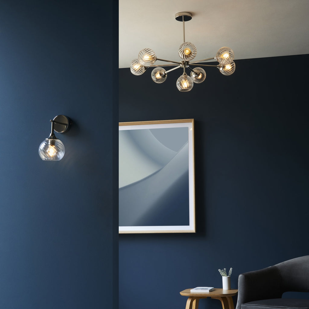 Allegra Contemporary 8 Light Ceiling Pendant In Bright Nickel With Spiral Glass Shades 104051