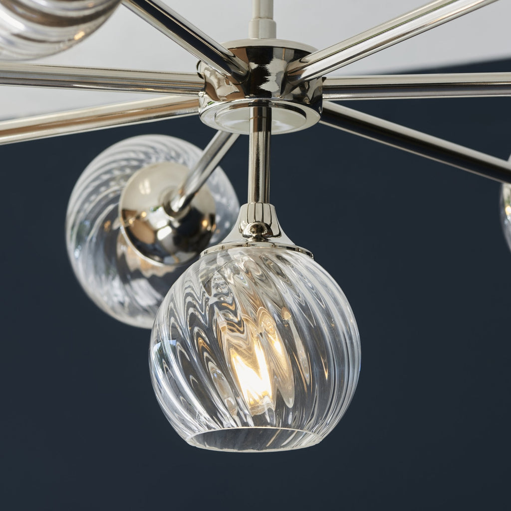Allegra Contemporary 8 Light Ceiling Pendant In Bright Nickel With Spiral Glass Shades 104051