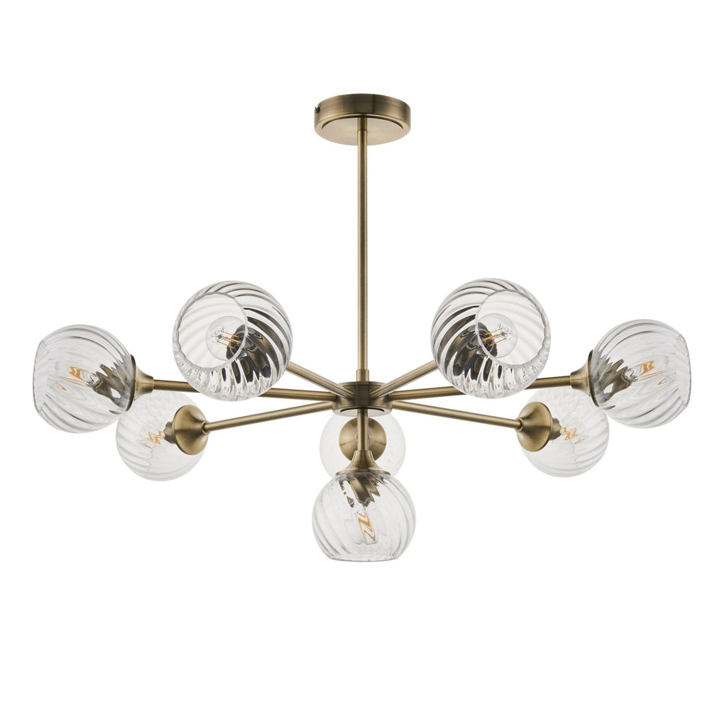 Allegra Contemporary 8 Light Ceiling Pendant In Antique Brass With Spiral Glass Shades 103172