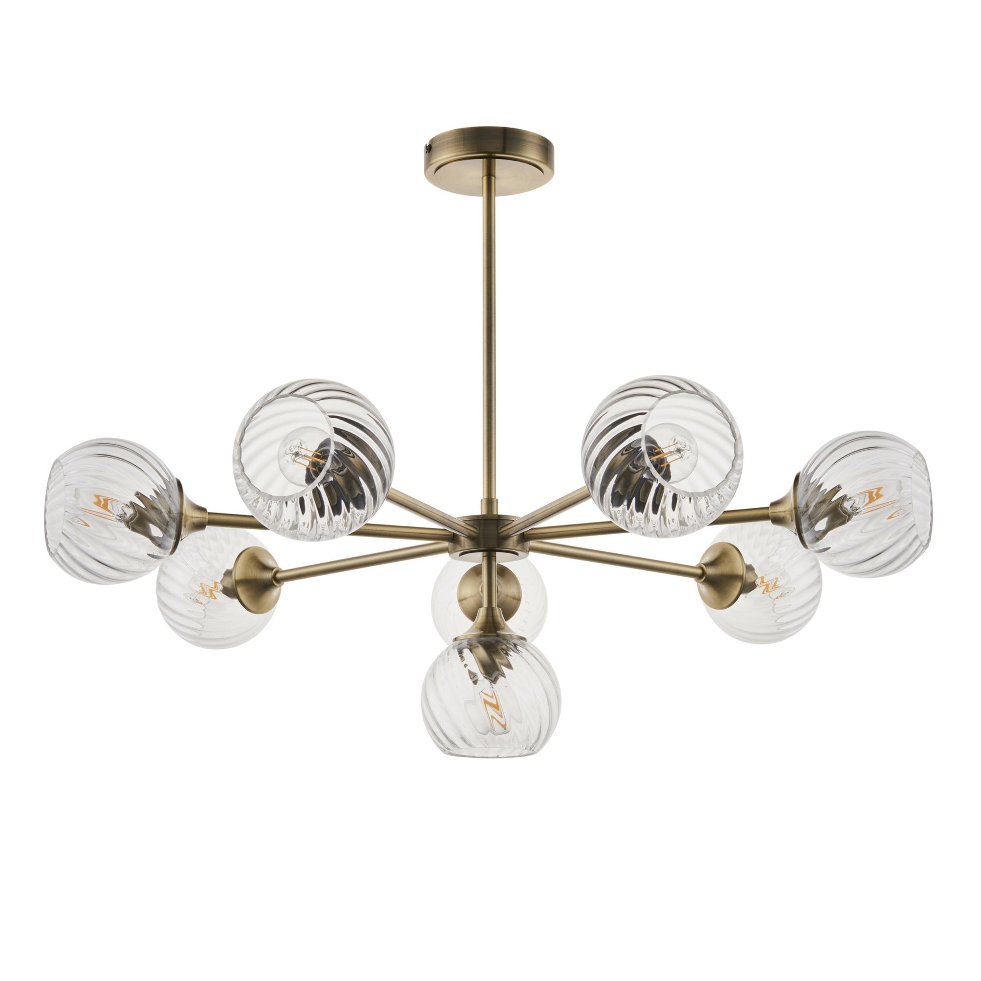 Allegra Contemporary 8 Light Ceiling Pendant In Antique Brass With Spiral Glass Shades 103172