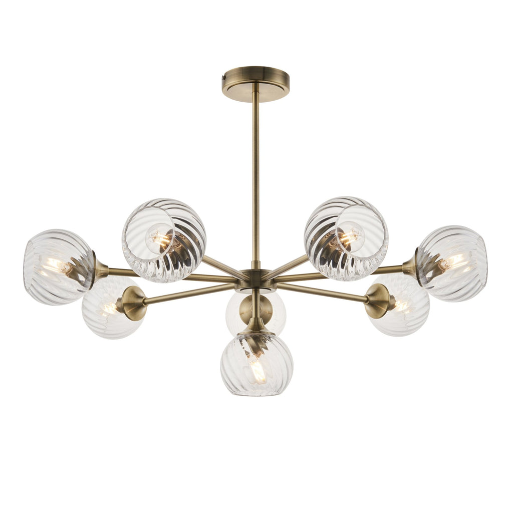 Allegra Contemporary 8 Light Ceiling Pendant In Antique Brass With Spiral Glass Shades 103172