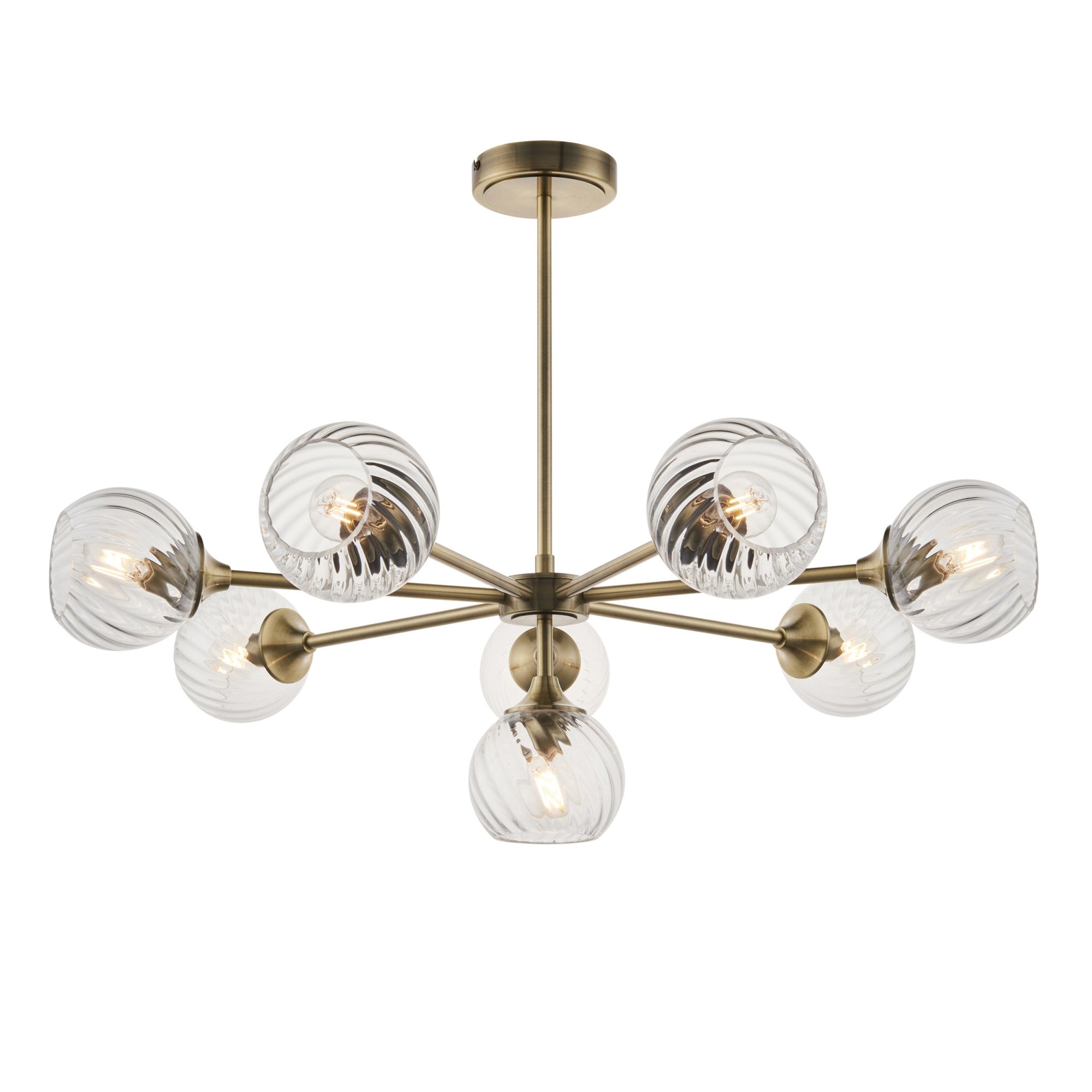 Allegra Contemporary 8 Light Ceiling Pendant In Antique Brass With Spiral Glass Shades 103172