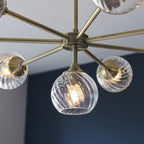 Allegra Contemporary 8 Light Ceiling Pendant In Antique Brass With Spiral Glass Shades 103172