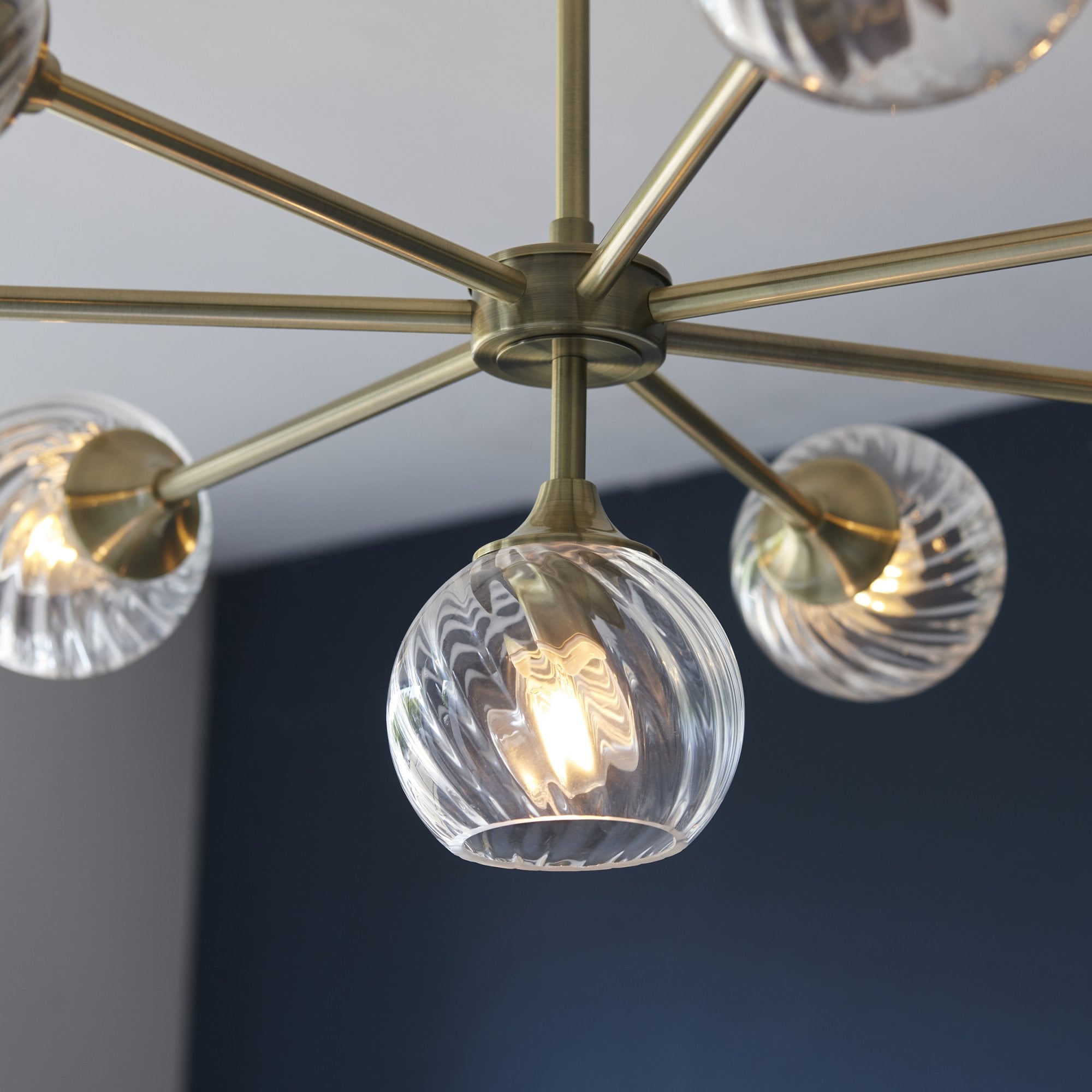 Allegra Contemporary 8 Light Ceiling Pendant In Antique Brass With Spiral Glass Shades 103172