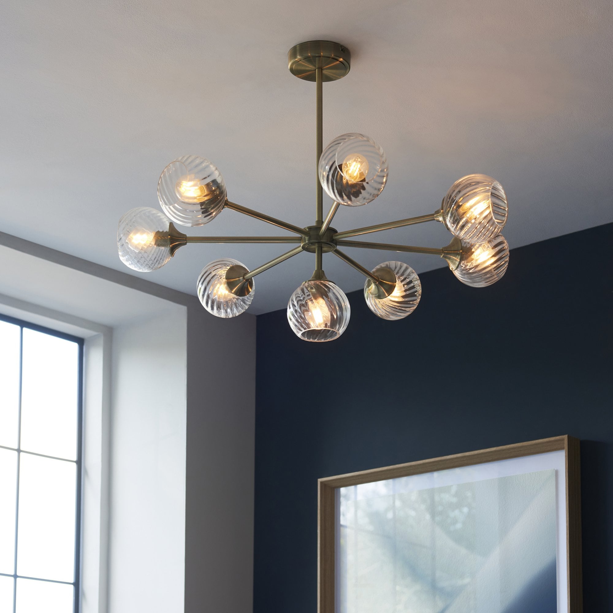Allegra Contemporary 8 Light Ceiling Pendant In Antique Brass With Spiral Glass Shades 103172