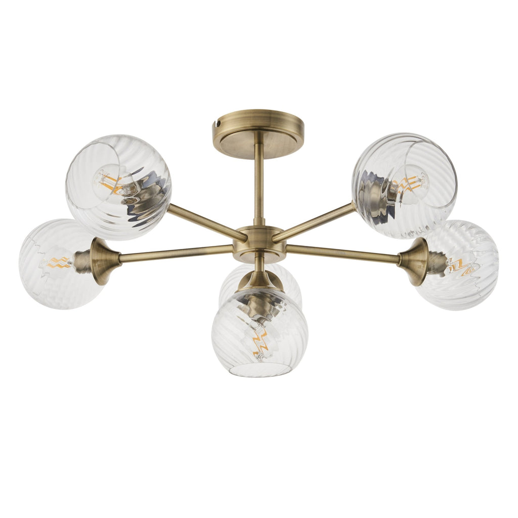 Allegra Modern 6 Light Semi Flush Ceiling Light In Antique Brass With Spiral Shades 103171