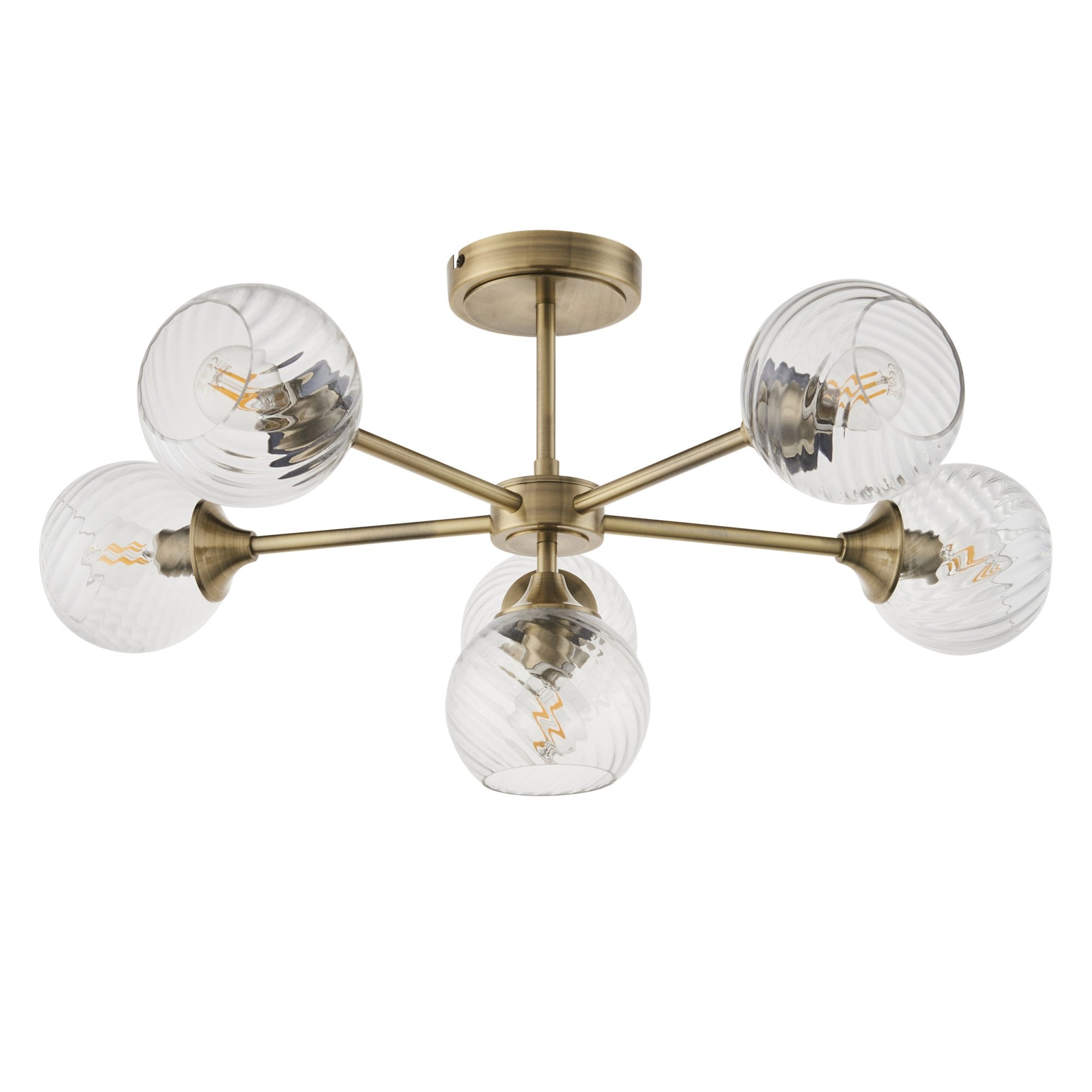 Allegra Modern 6 Light Semi Flush Ceiling Light In Antique Brass With Spiral Shades 103171