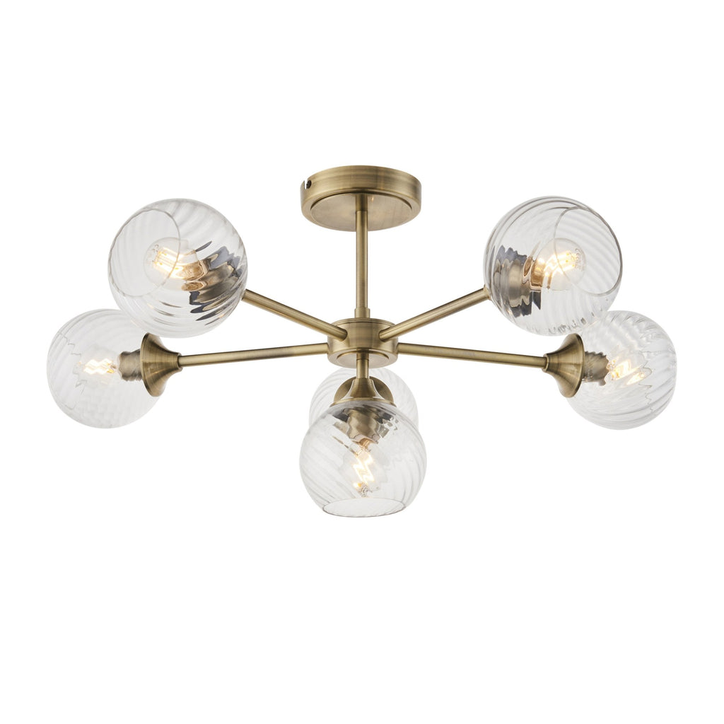 Allegra Modern 6 Light Semi Flush Ceiling Light In Antique Brass With Spiral Shades 103171