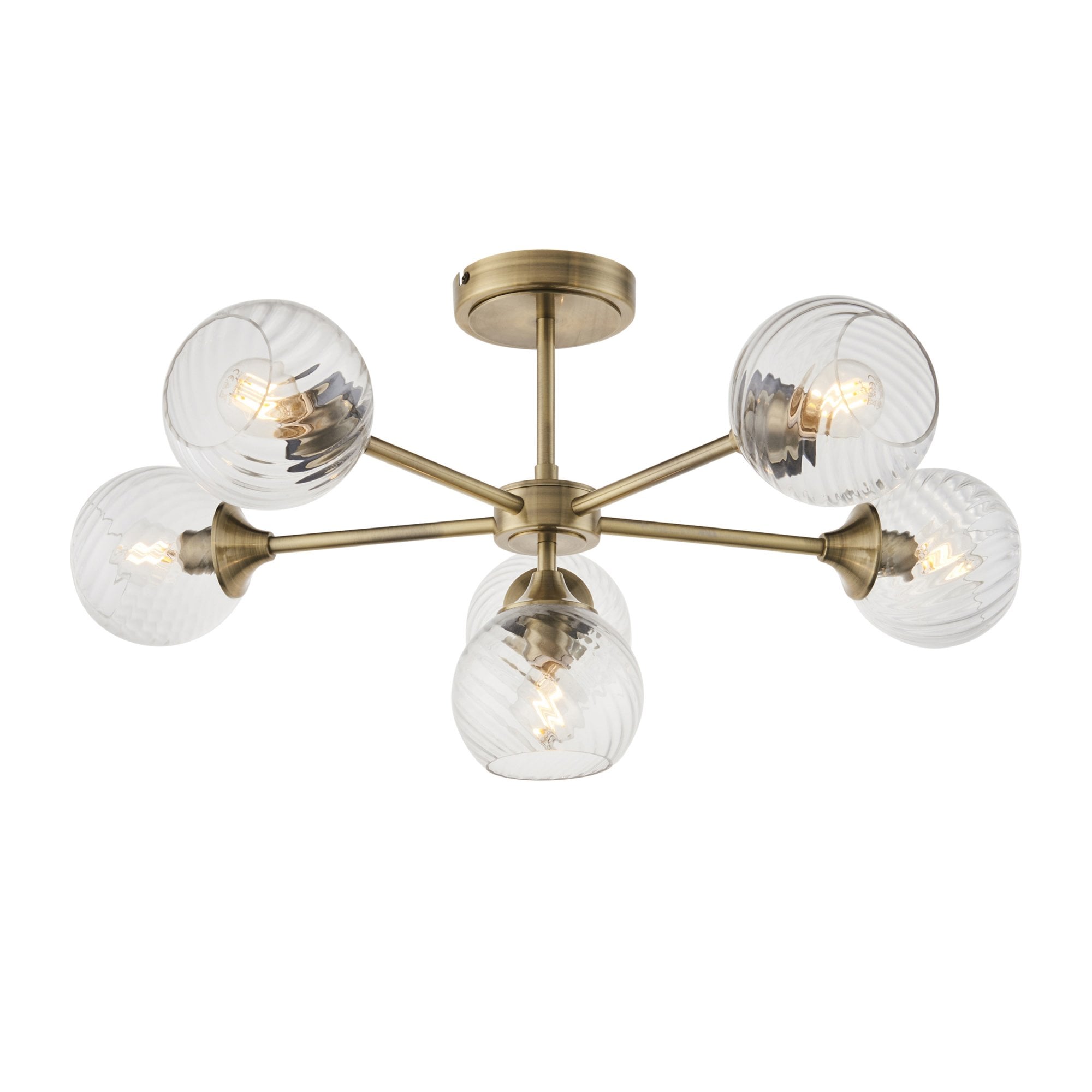 Allegra Modern 6 Light Semi Flush Ceiling Light In Antique Brass With Spiral Shades 103171
