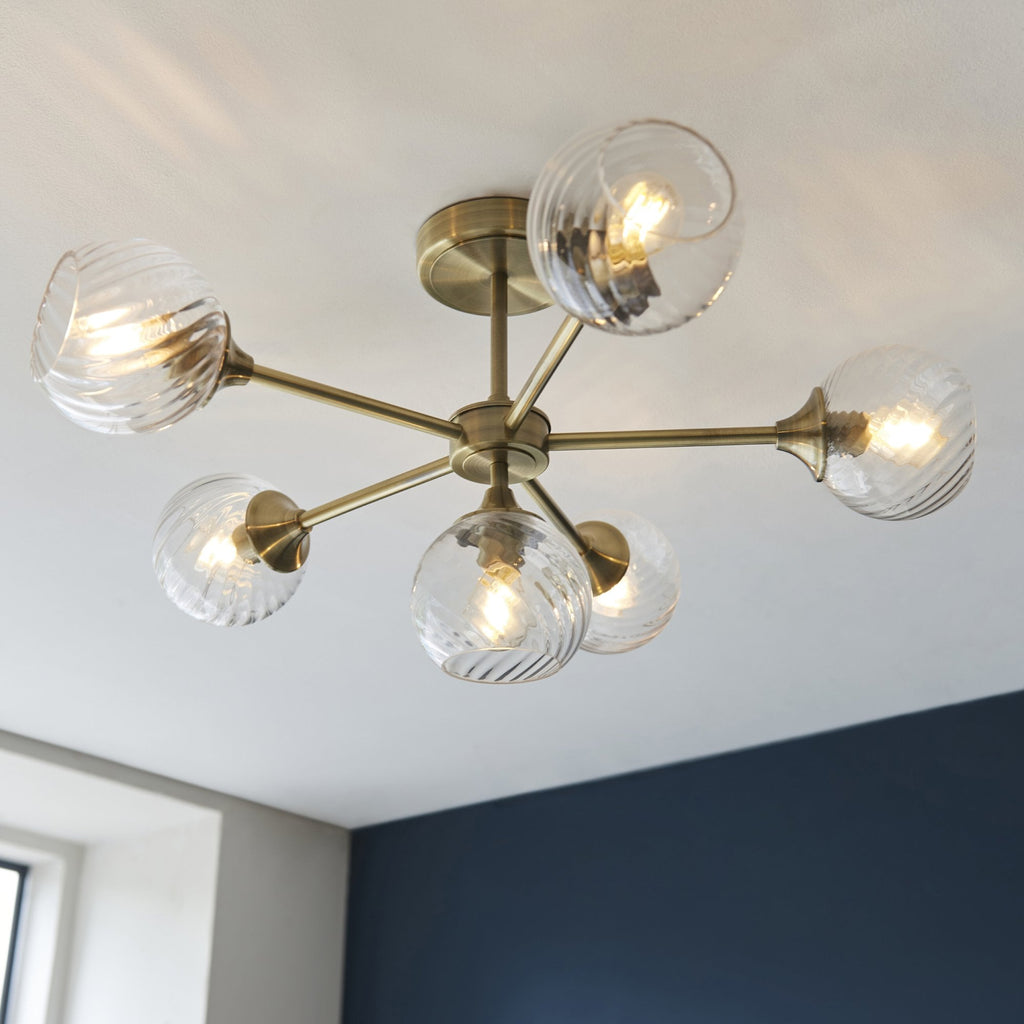 Allegra Modern 6 Light Semi Flush Ceiling Light In Antique Brass With Spiral Shades 103171