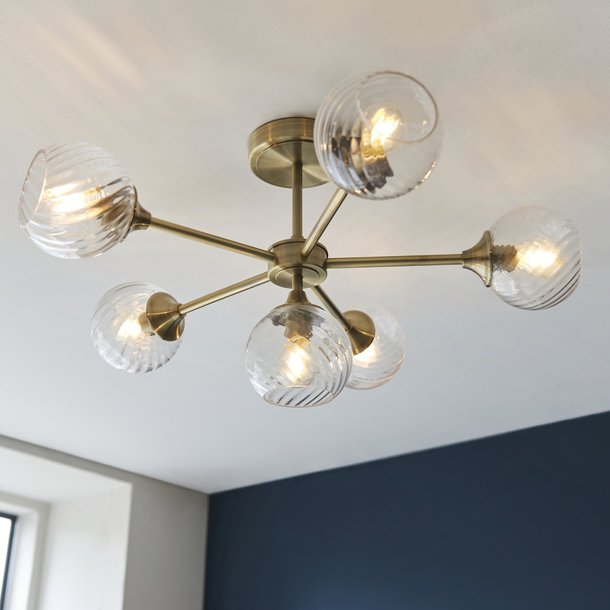Allegra Modern 6 Light Semi Flush Ceiling Light In Antique Brass With Spiral Shades 103171