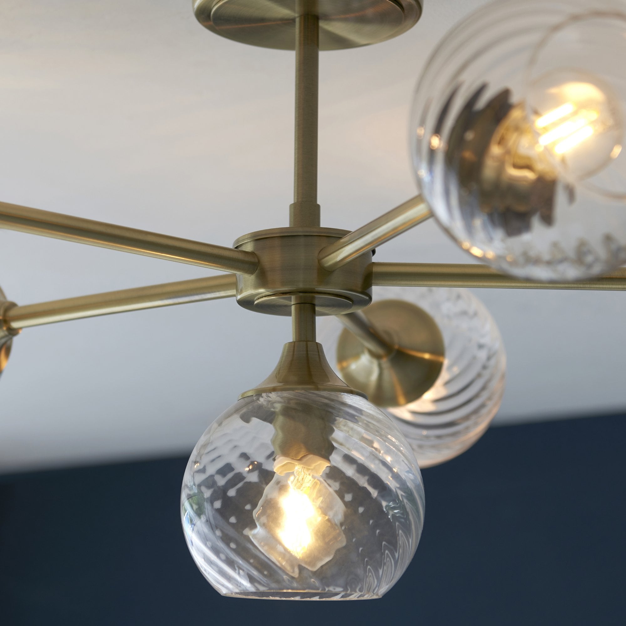 Allegra Modern 6 Light Semi Flush Ceiling Light In Antique Brass With Spiral Shades 103171