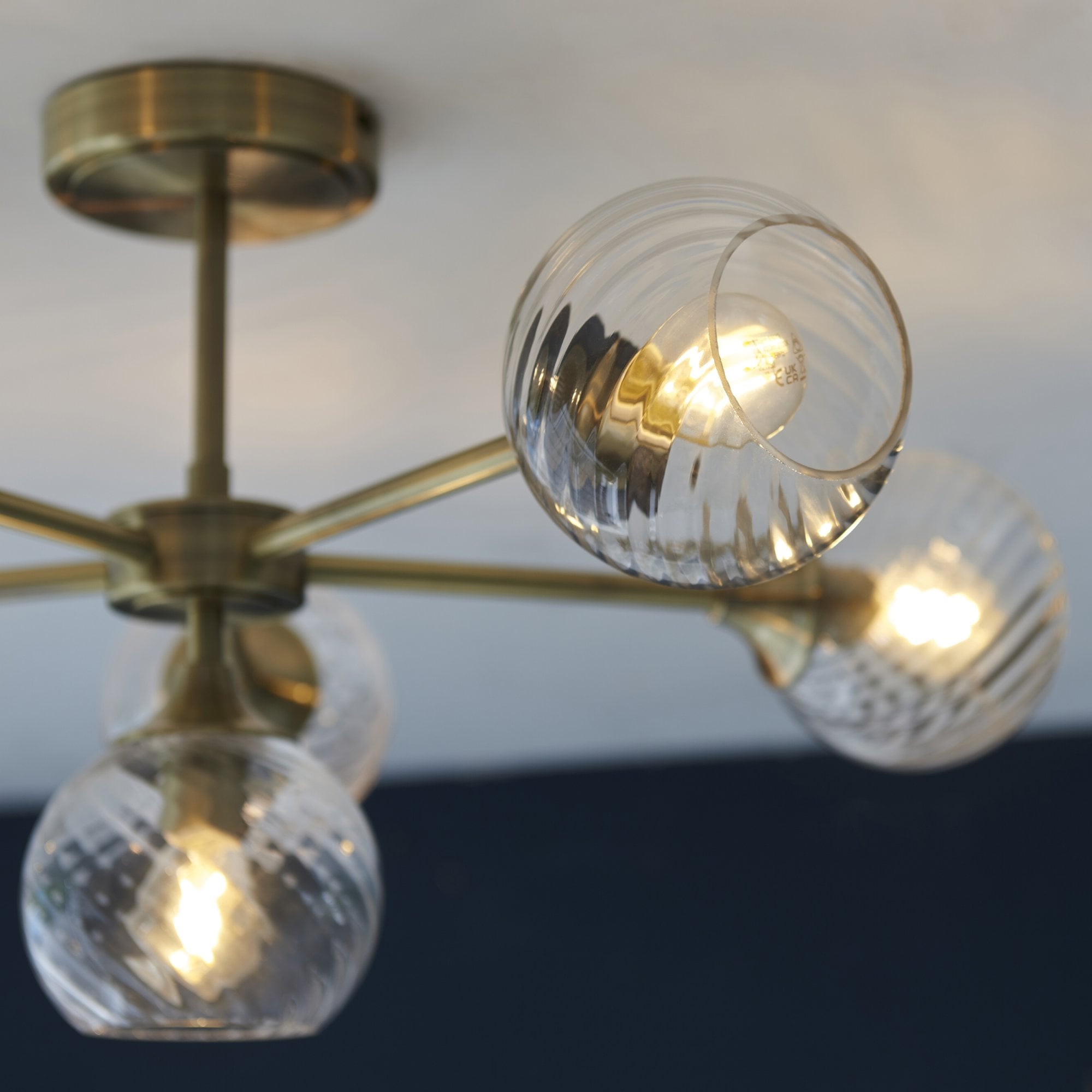 Allegra Modern 6 Light Semi Flush Ceiling Light In Antique Brass With Spiral Shades 103171