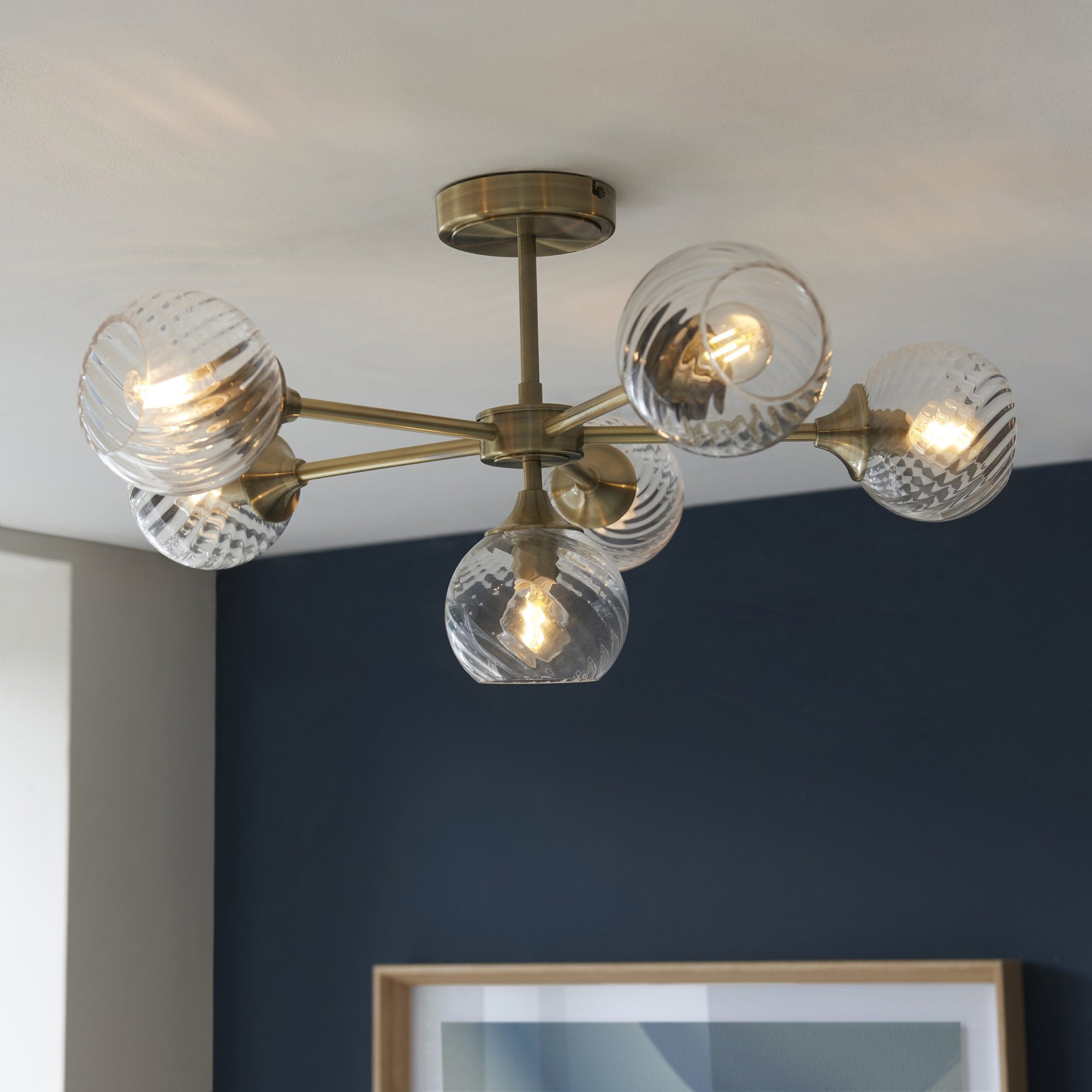 Allegra Modern 6 Light Semi Flush Ceiling Light In Antique Brass With Spiral Shades 103171