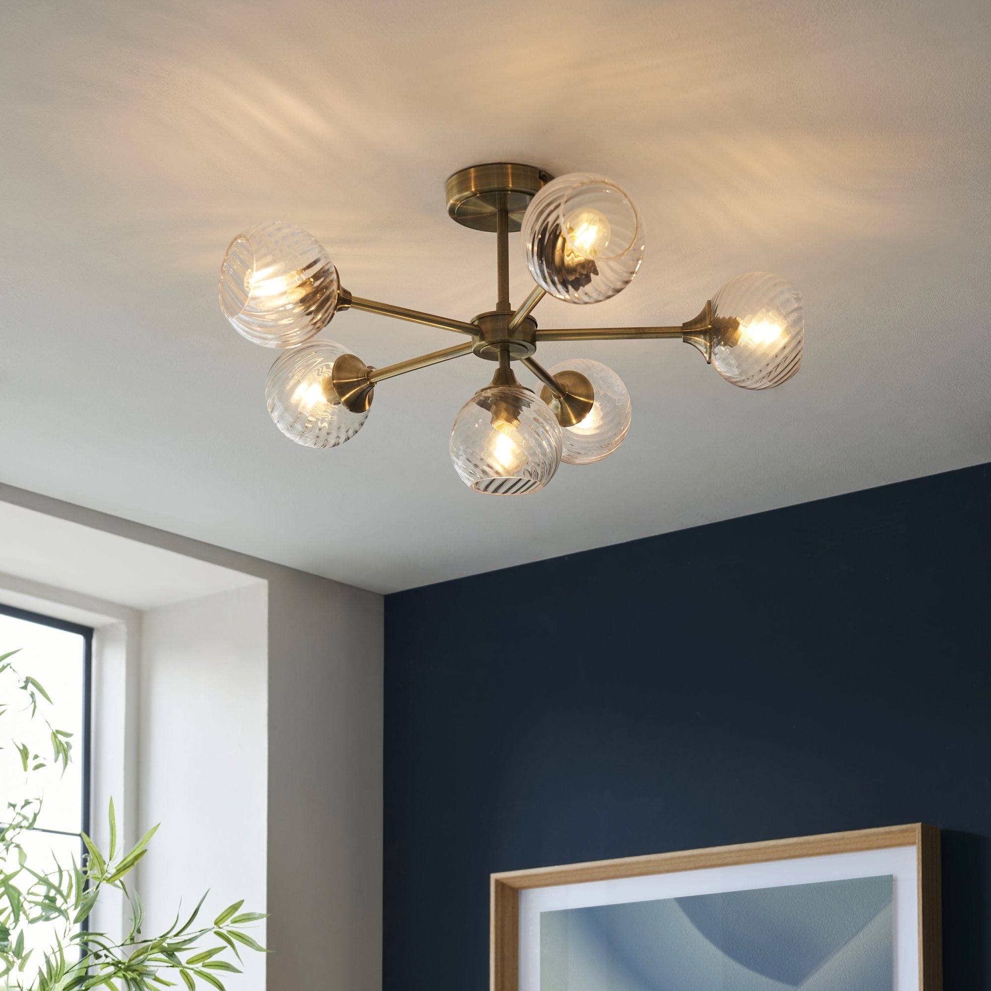 Allegra Modern 6 Light Semi Flush Ceiling Light In Antique Brass With Spiral Shades 103171