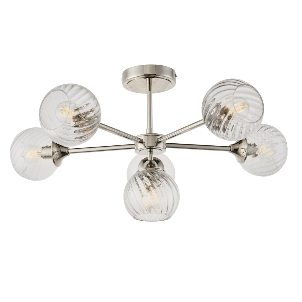 Allegra Modern 6 Light Semi Flush Ceiling Light In Bright Nickel With Spiral Shades 104050